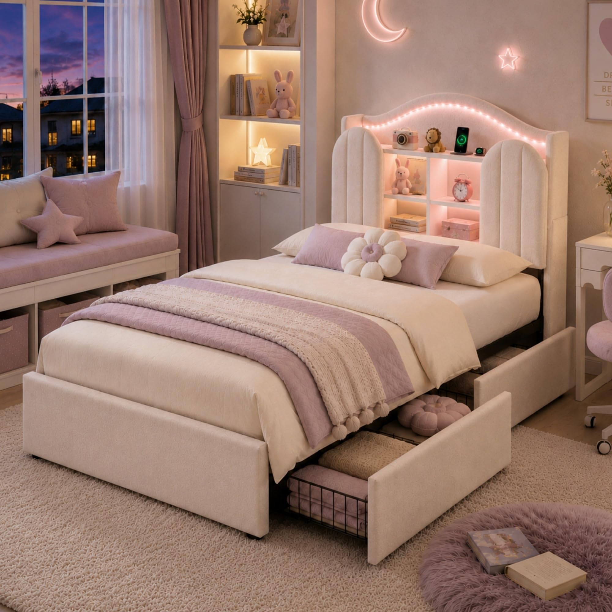 Merax 3FT Single Bed Frame,Velvet Upholstered Storage Bed with LED,White
