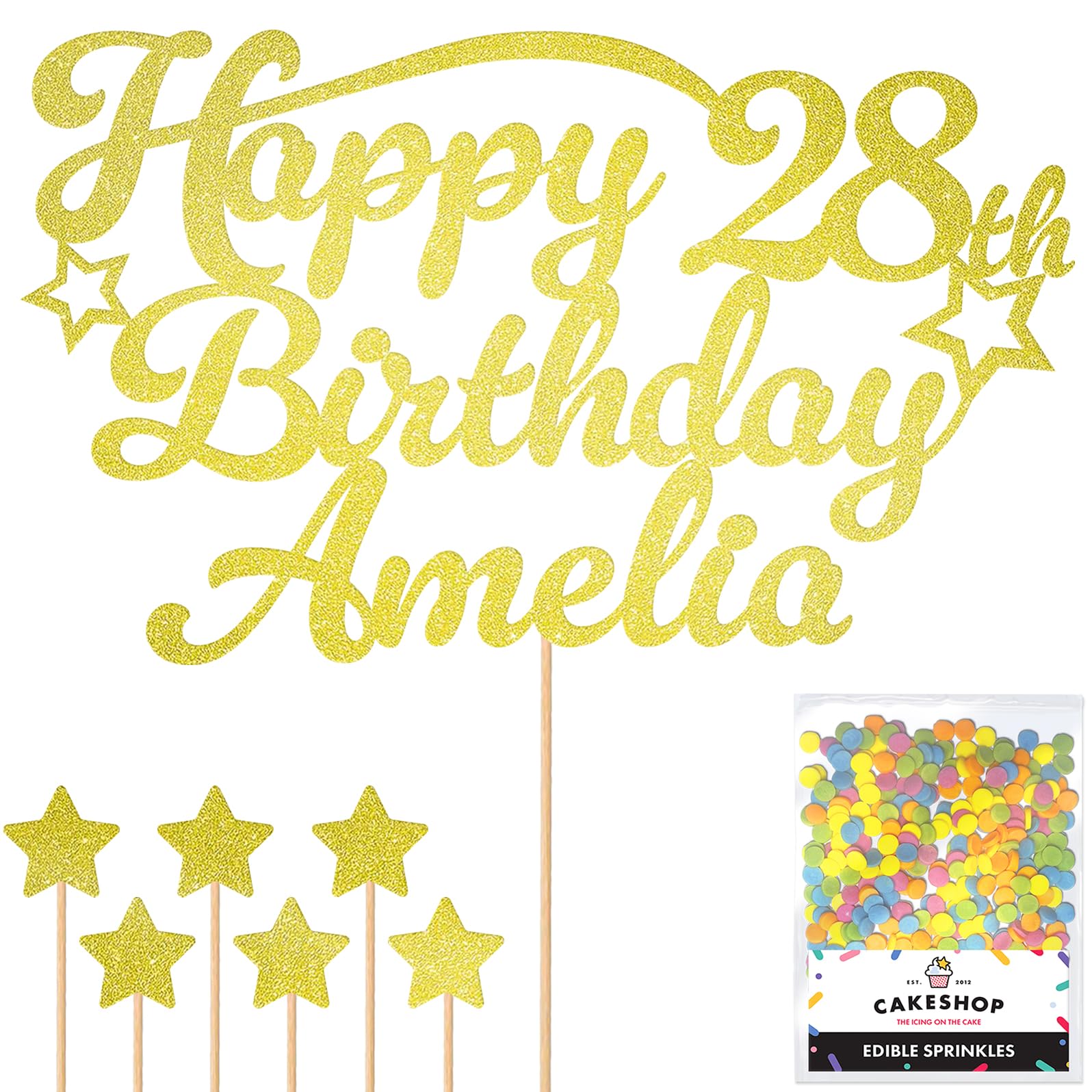 Personalised Happy Birthday Glitter Cake Topper Stars - Champagne Any Name & Any Age Glitter Cake Decoration and Sprinkles - Happy Birthday Decorations - Personalised Toppers for Cakes by Cakeshop