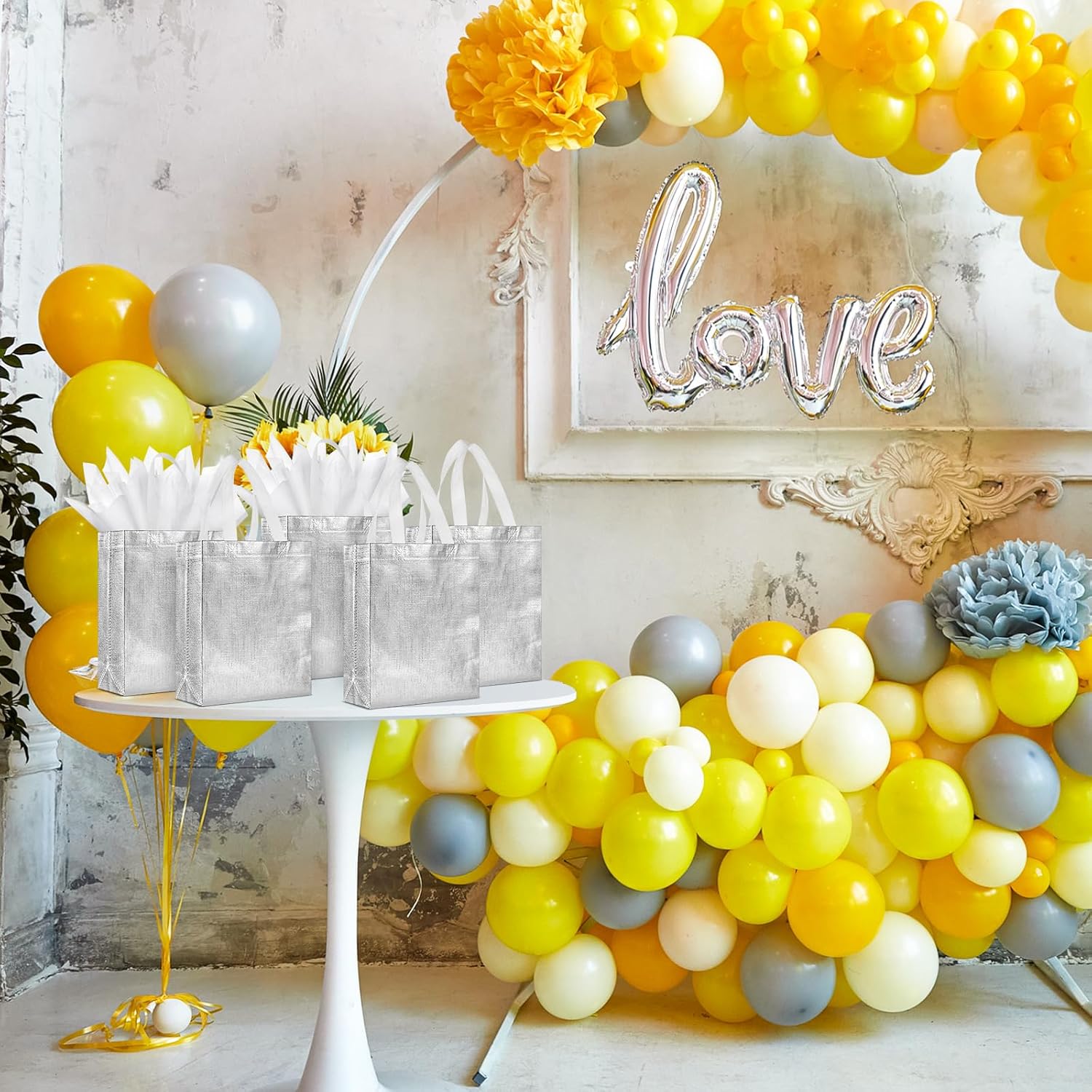 Sweetude 50 Pcs Reusable Gift Bags with Handles Grocery Gift Bags with Tissue Paper Glitter Shopping Bags for Present Birthday Wedding Party(Silver, 8 x 4 x 10 Inch) - Image 5