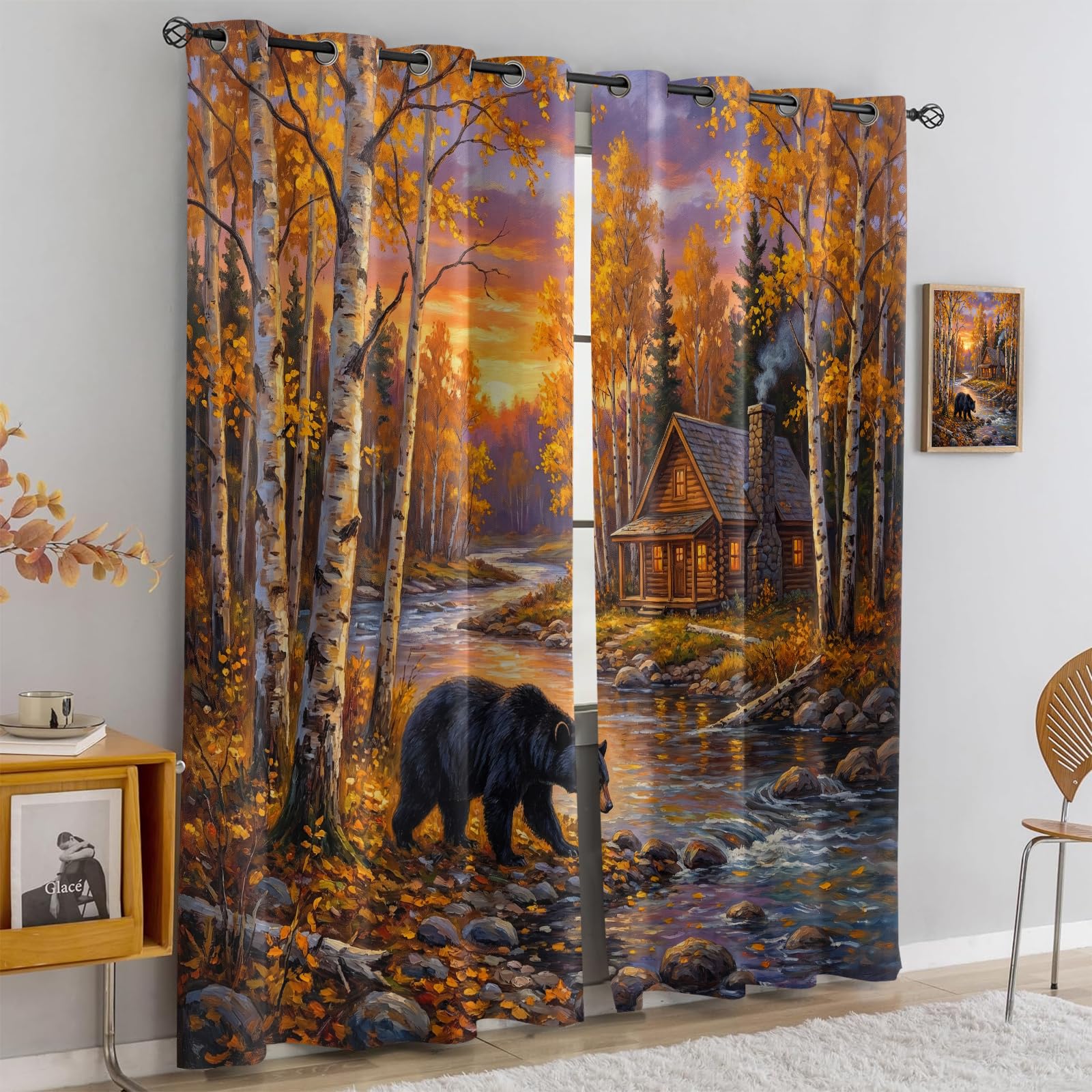 Vorhänge Herbstwald Landschaft mit Schwarzbär & Hütte, Romantischer Sonnenuntergang am Fluss, Ölgemälde Stil Gardine, Verdunkelung Ösenschal Polyester