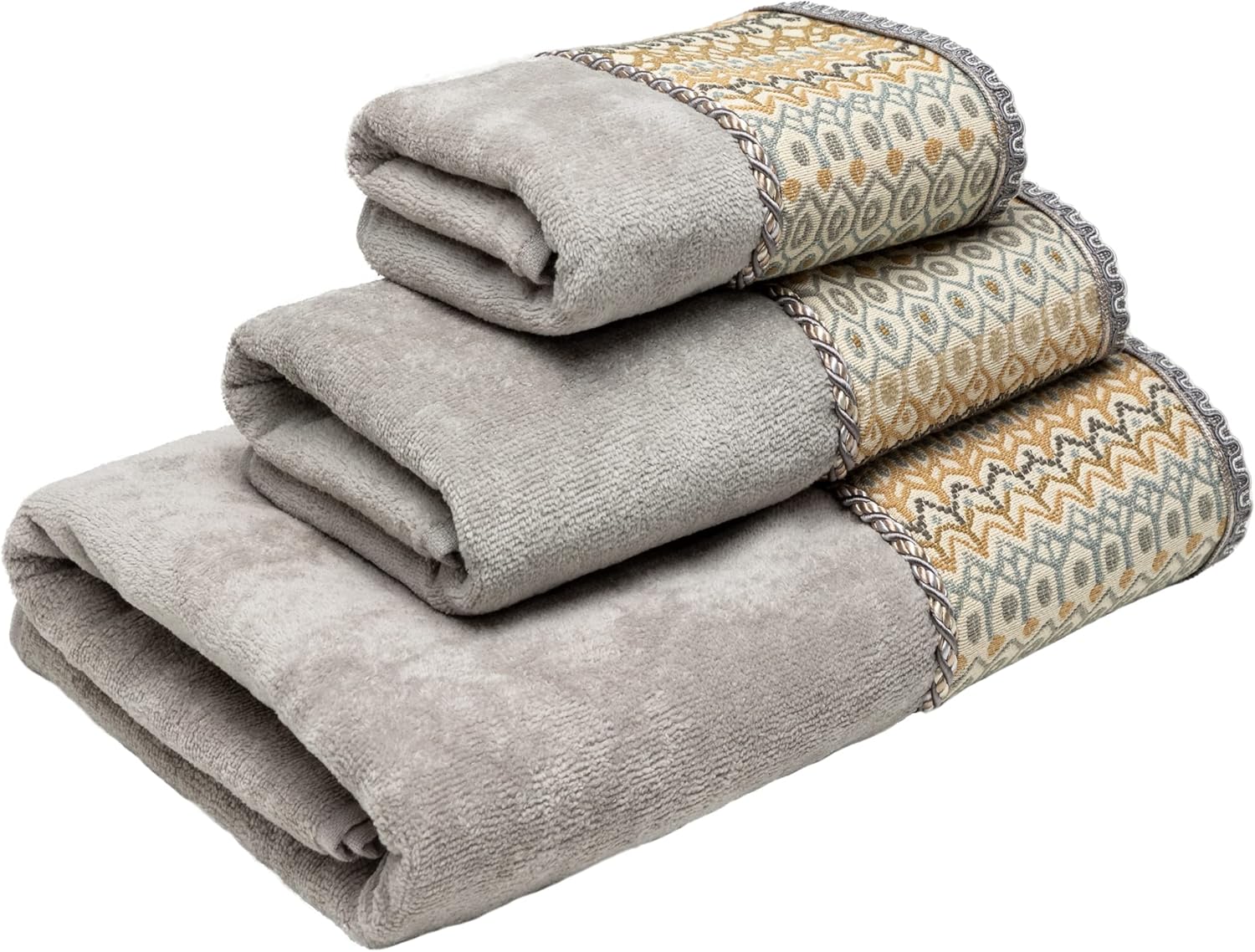 Austin Horn Classics Laurel 3-Piece Decorative Towel Set, Woven Jacquard Fabric with Cord & Gimp Braid, Pure Cotton Bath, Hand & Tip Towel, Extra Absorbent, Super Soft Bath Towels (Grey)