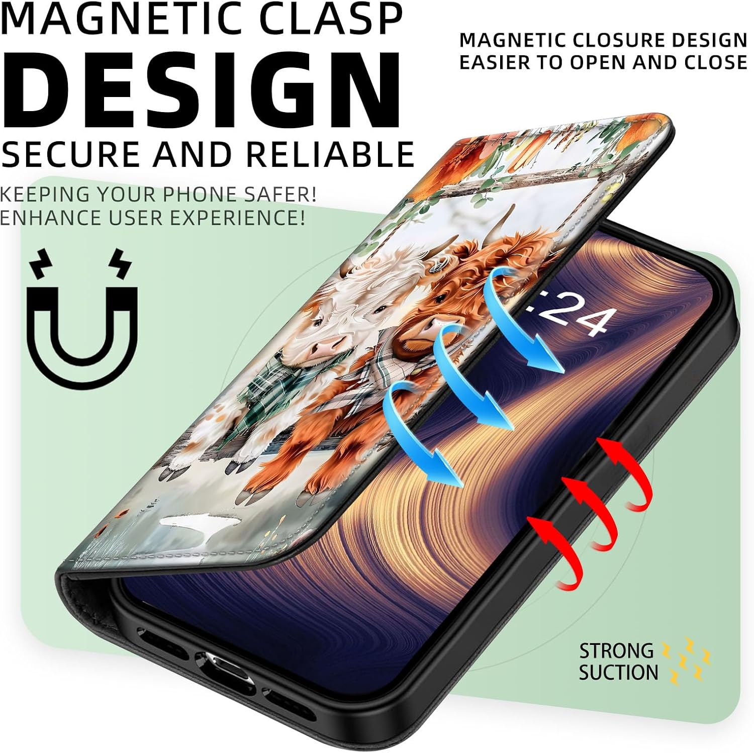 for iPhone 15 Pro Max Phone Case, Flip PU Leather Kickstand Shockproof Phone Cover for iPhone 15 Pro Max, Phone Wallet with Card Holder Slot and Magnetic Clasp, Cute Highland Cows