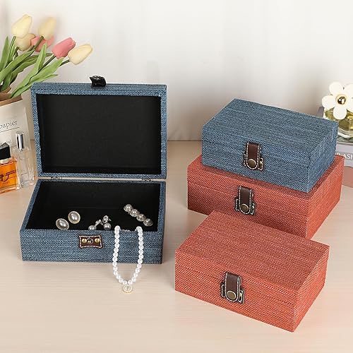 Miniatura 6 de Hipiwe Joyero de cofre del tesoro, caja decorativa de madera con cierre, caja de recuerdos cubierta de lino, caja de recuerdos rectangular,