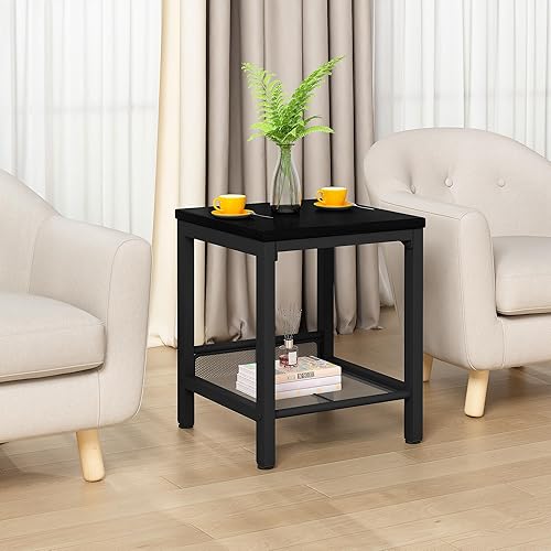 Miniatura 7 de AWQM Juego de 3 mesas auxiliares, mesa auxiliar industrial con 2 mesas auxiliares cuadradas, juego de mesa de sala de estar moderno con marco de