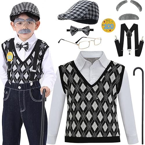 Old Man Costume for Boys 100th Day of School Kids Grandpa Old Person Outfit with Hat