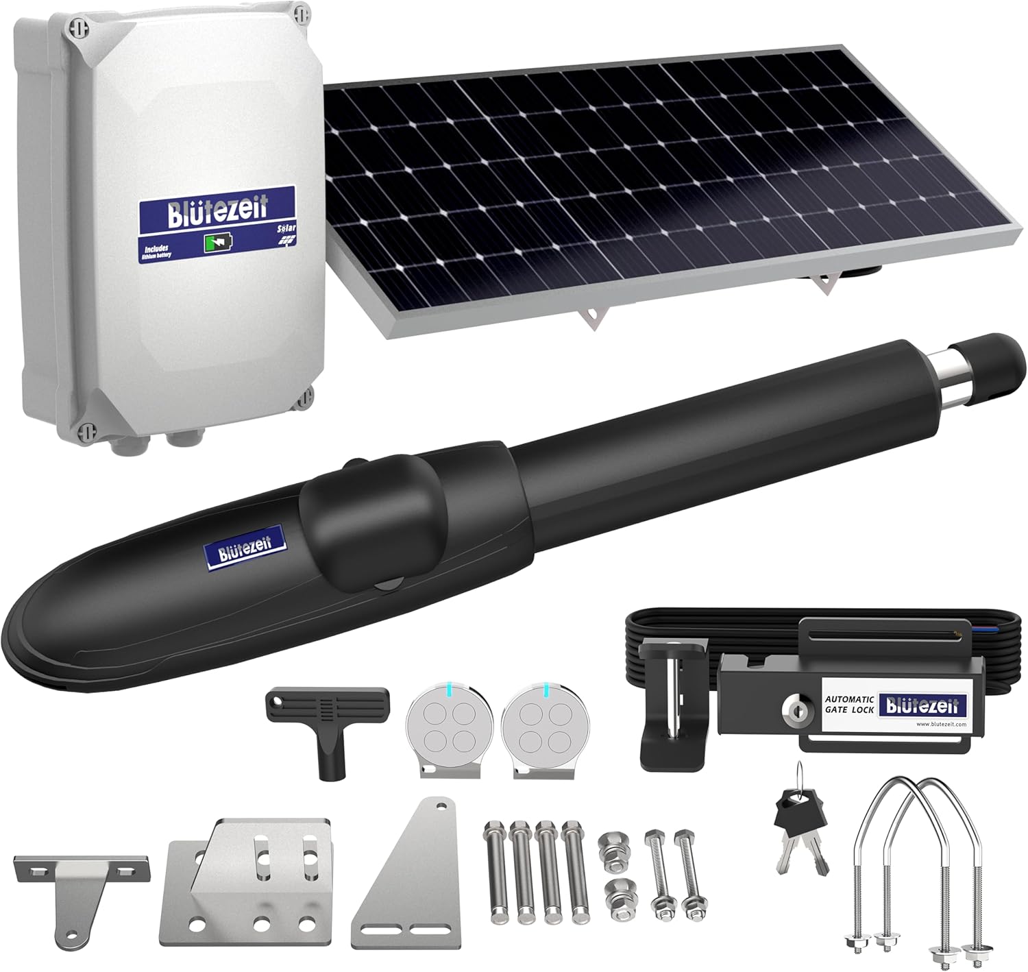 Blütezeit MS600 Solar Swing Gate Opener with Electric Gate Lock – 880lb Single-Arm Gate Motor, 25W Solar Panel, Built-in Lithium Battery Control Box, Automatic Security Gate Latch