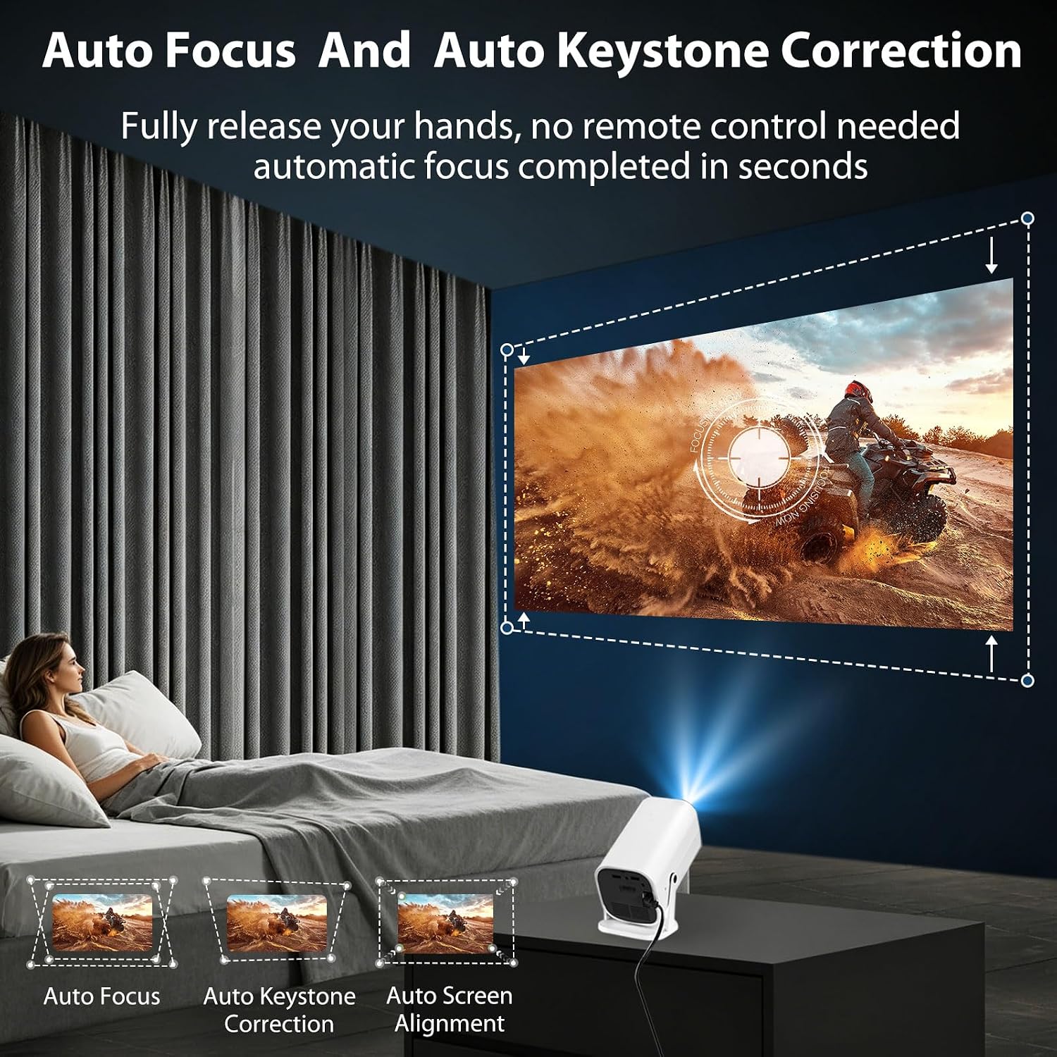 【Auto Focus and Preloaded Apps】projector with wifi and Bluetooth,mini projector for iphone, ideal for bedroom or outdoor use, projector supporting HDMI, TV stick, memory card, and laptop