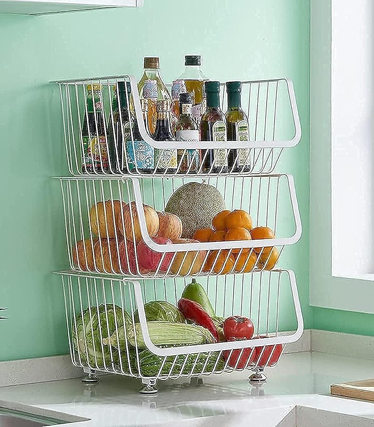 BEONE 3-Tier Wire Storage Shelving Vegetables Fruits Rack Unit for Home Bathroom Kitchen with Wheels, BEONE 3 Shelves Unit Metal Kitchen Storage Rack (3-Tier with Wheels, White)