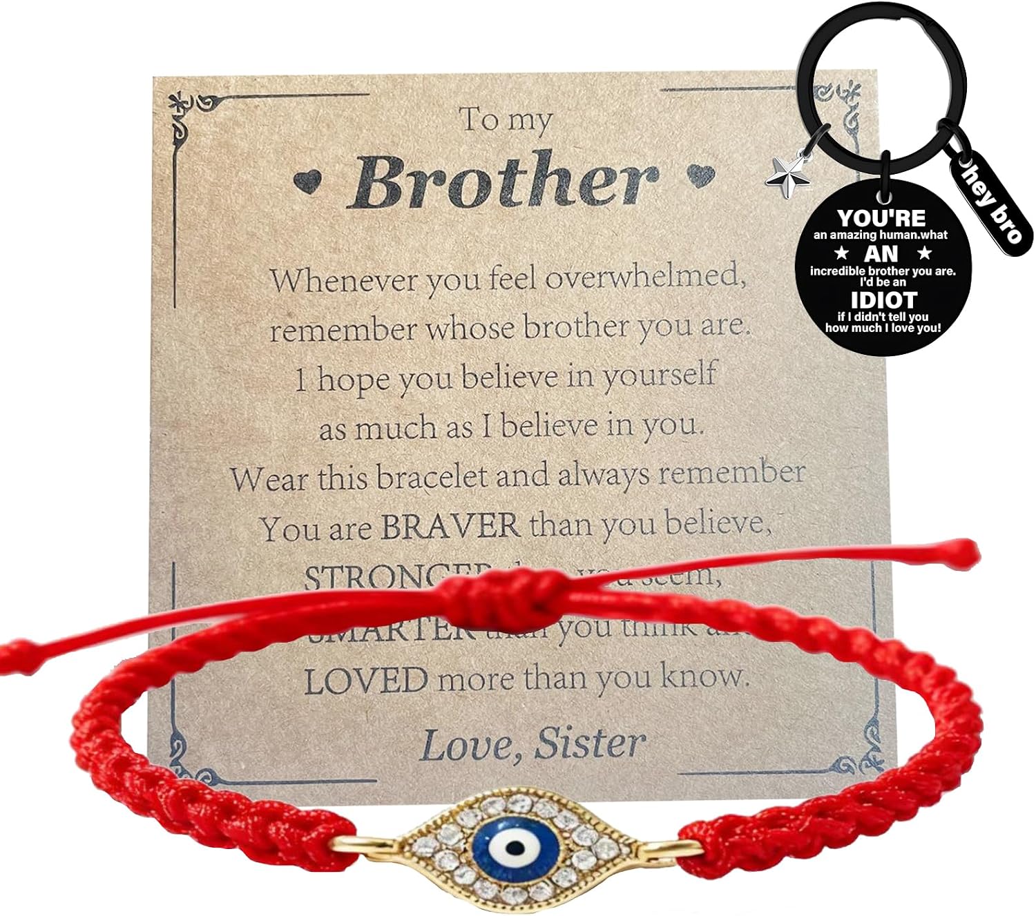 Rakhi for Brother with Key Chains Gift Set Mini Bro Card Evil Eye Rakhi for Brother Raksha Bandhan Bracelet Gift for Brother