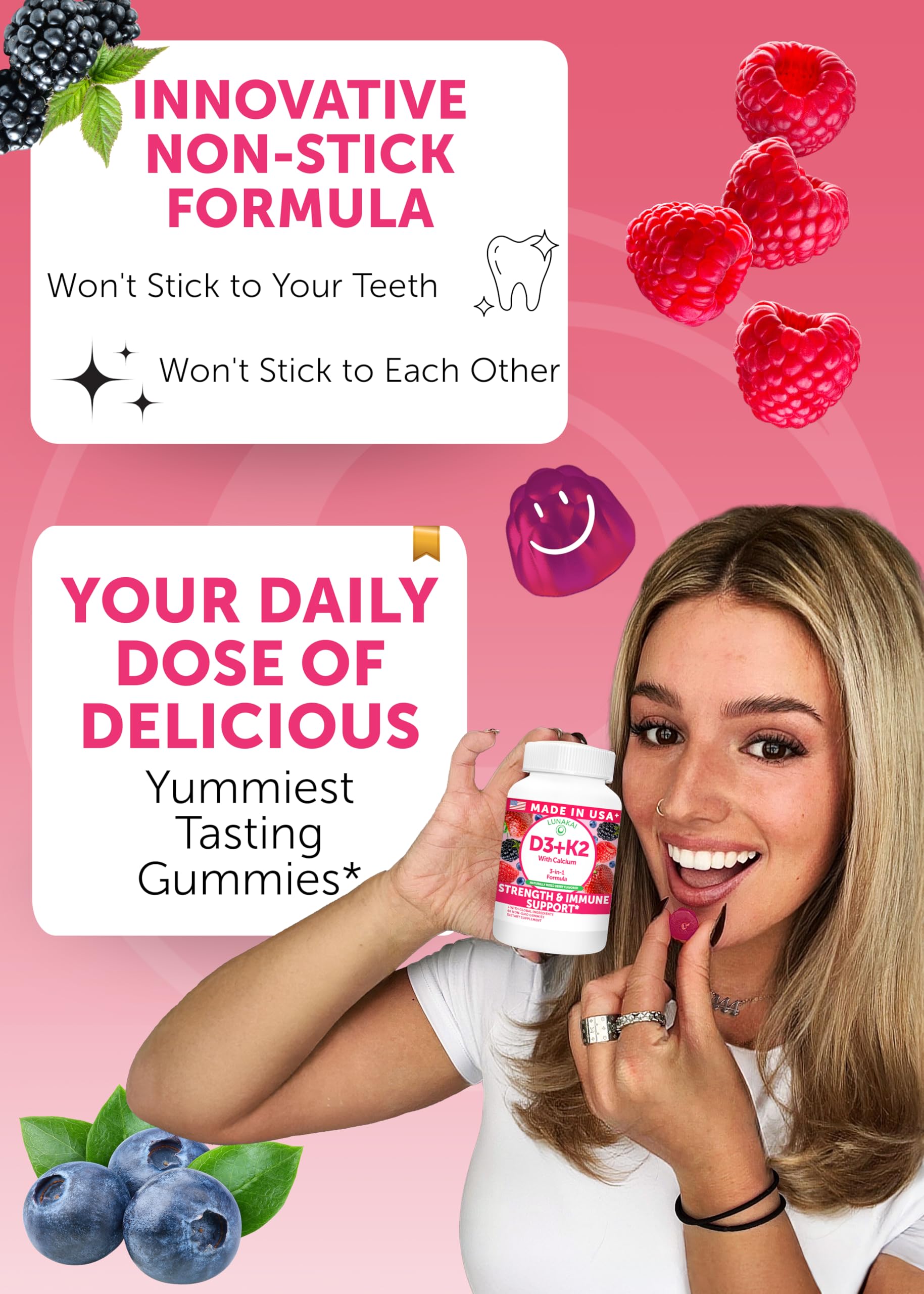 Lunakai USA Made Vitamin D3 K2 Gummies with Calcium, Non-GMO 60ct — Amazon image 3