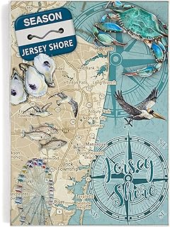 Jersey Shore, NJ Beach Badge Wood Map Plank Wall Art | 11" X 16" | Artwork and Map Printed on a Quality Wood Plank for a Unique Home Décor | Ready to Hang & Fully Assembled | Perfect Gift
