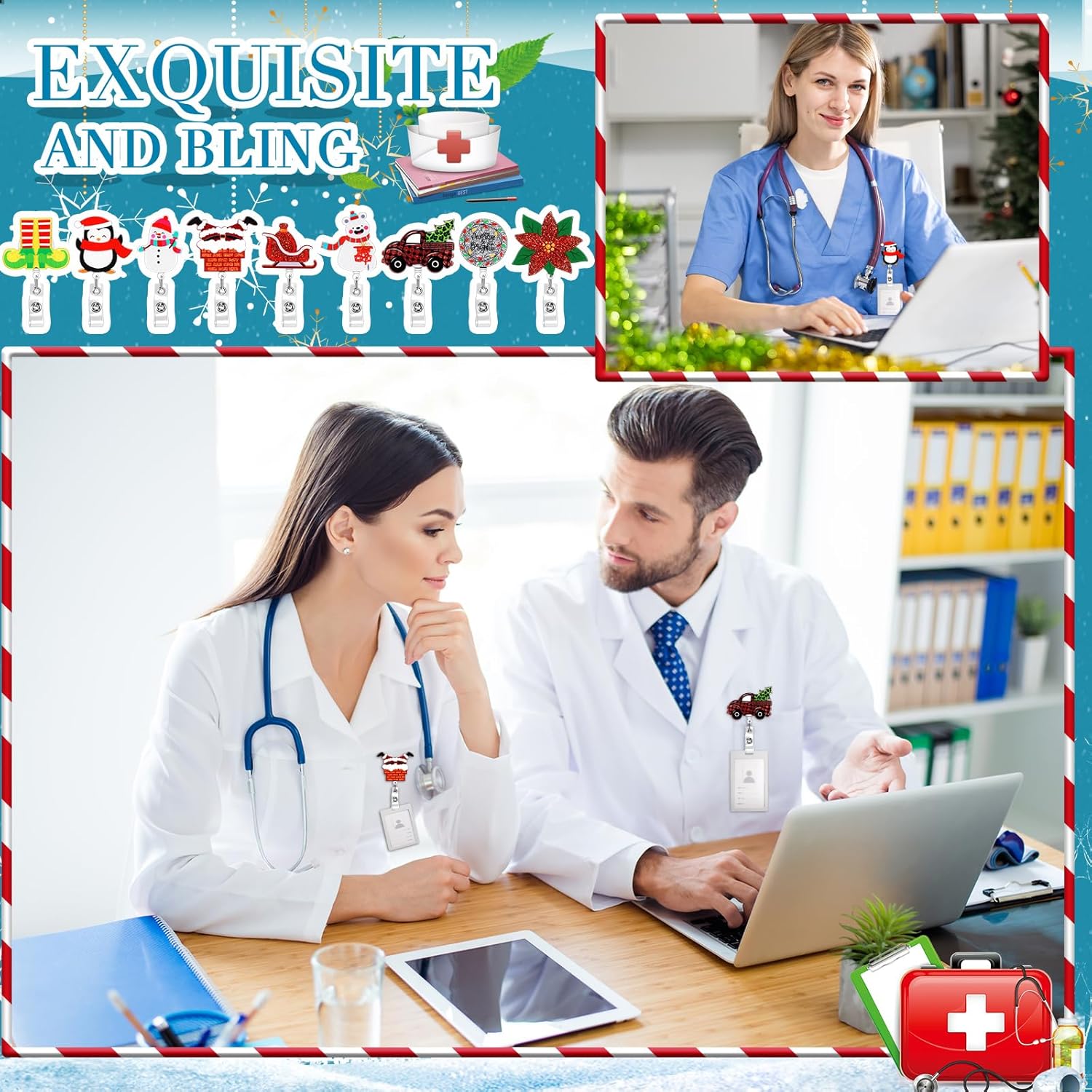 Qilery 200 Pcs Christmas Badge Reel Retractable Christmas Badge Holder Bling Holiday Reels Glitter Xmas Acrylic ID Name Holder with Alligator Clip for Workers Nurses