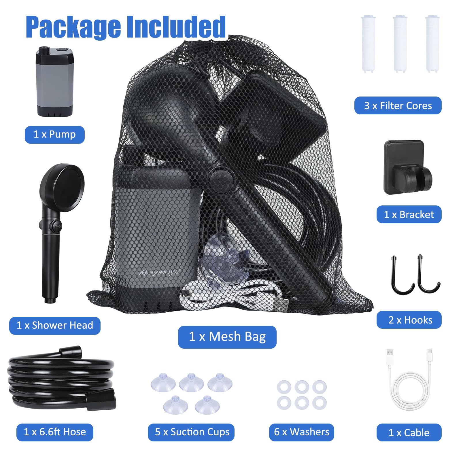 Campingdusche Set Camping Dusche mit Pumpe, Tragbare Solardusche Camping Warmwasser Mobile Dusche Outdoor mit Wiederaufladbar Akku Außendusche für Ohnmobil, Autowaschen, Strand, Reisen, Haustier
