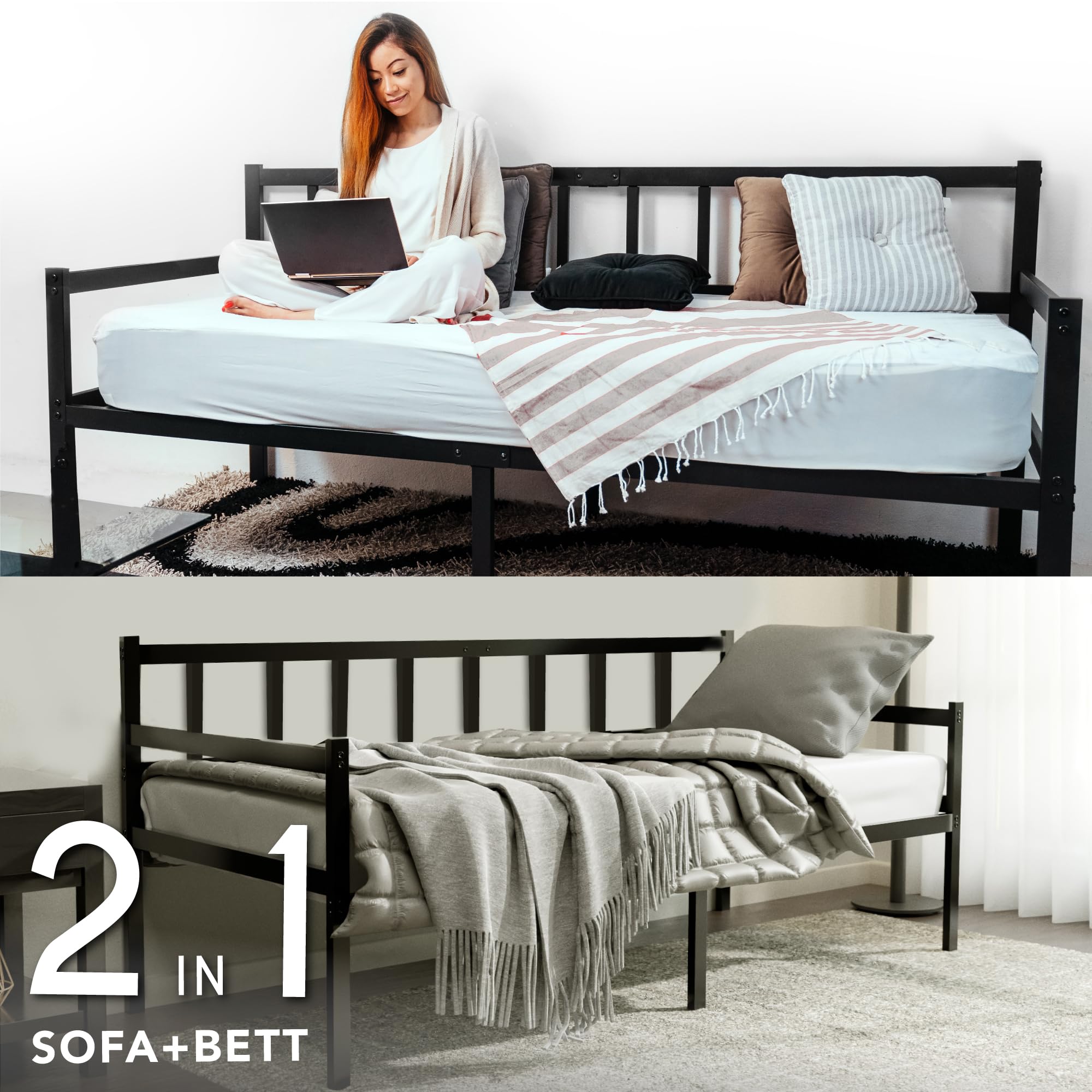 Dreamzie Tagesbett Metallbett 2-1 - Bettsofa 92x212cm - Bettgestell für Matratzen 90x200cm - Schlafsofa mit Lattenrost - Einzellbett - Metall Schwarz
