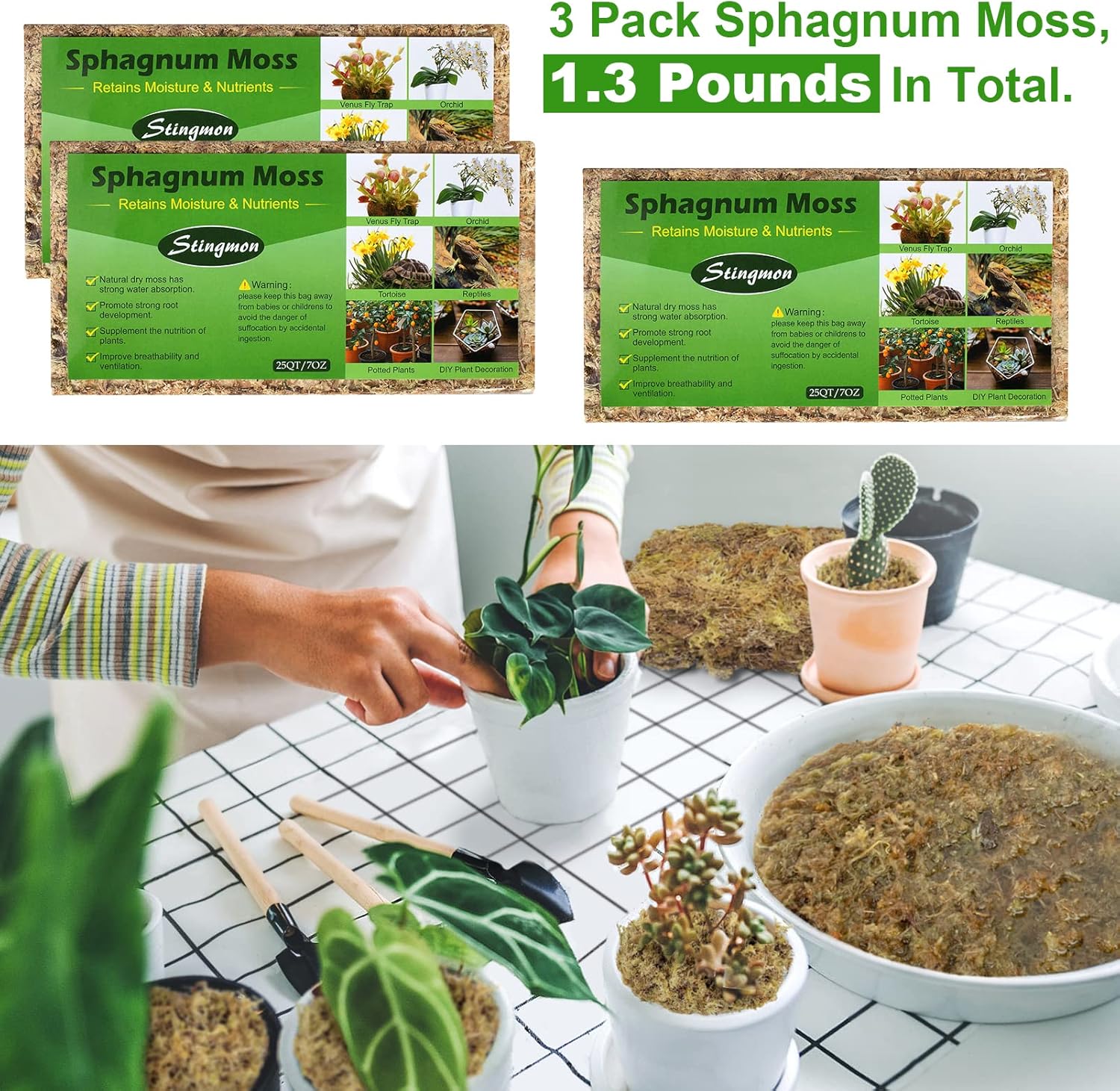 1.3LBS Premium Sphagnum Moss Orchid Potting Mix, 25QT Natural Peat Moss for Plants, Long Fiber Plant Growing Medium for Orchid Repotting Carnivorous Succulents Gardening Plants & Reptiles