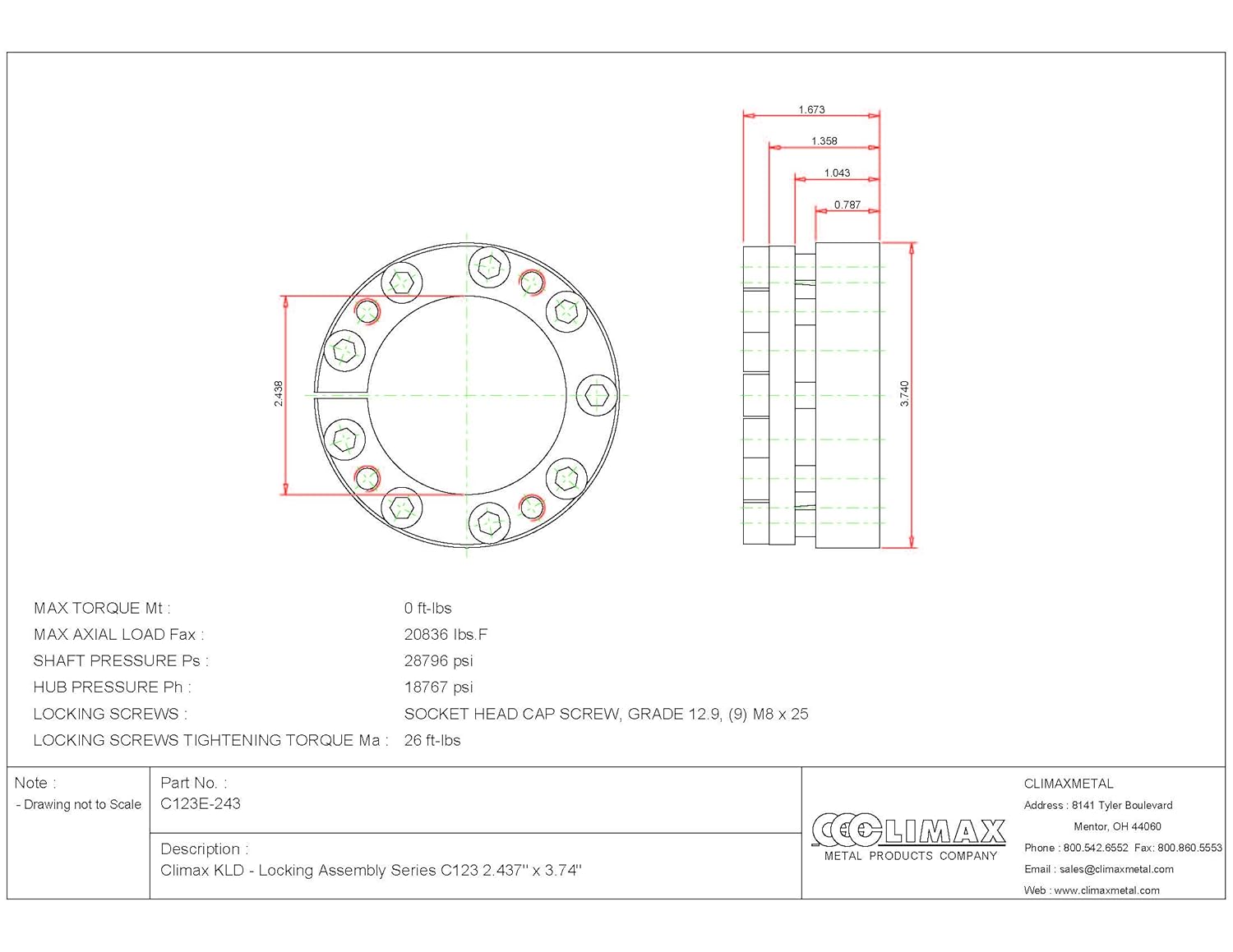 C123E-243 Series 123 Locking Assembly, Steel, 2.44" ID, 1.61" Width, 2-7/16" Shaft Diameter