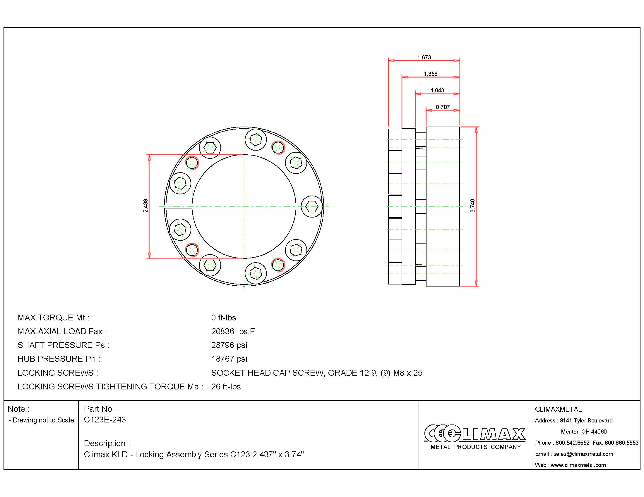 Climax Metals C123E-243 Series 123 Locking Assembly, Steel, 2.44
