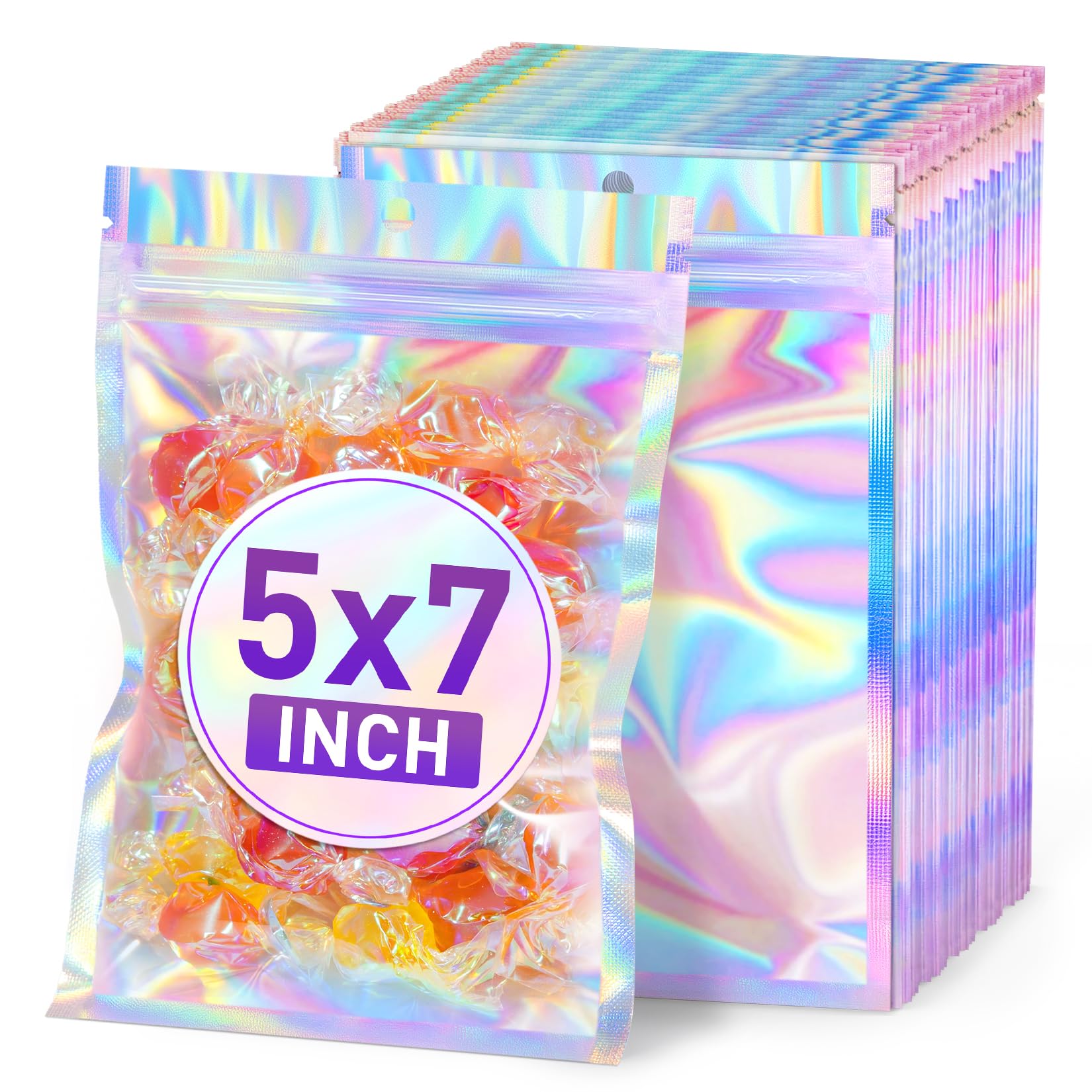 YHJZ 100 Bolsas Holográficas, De 7 X 9 Pulgadas, Bolsas Resellables A Prueba De Olores, Bolsas Resellables Para Embalaje, Bolsas Con Cierre Hermético Para Brillo De Labios, Bolsas De Mylar Para