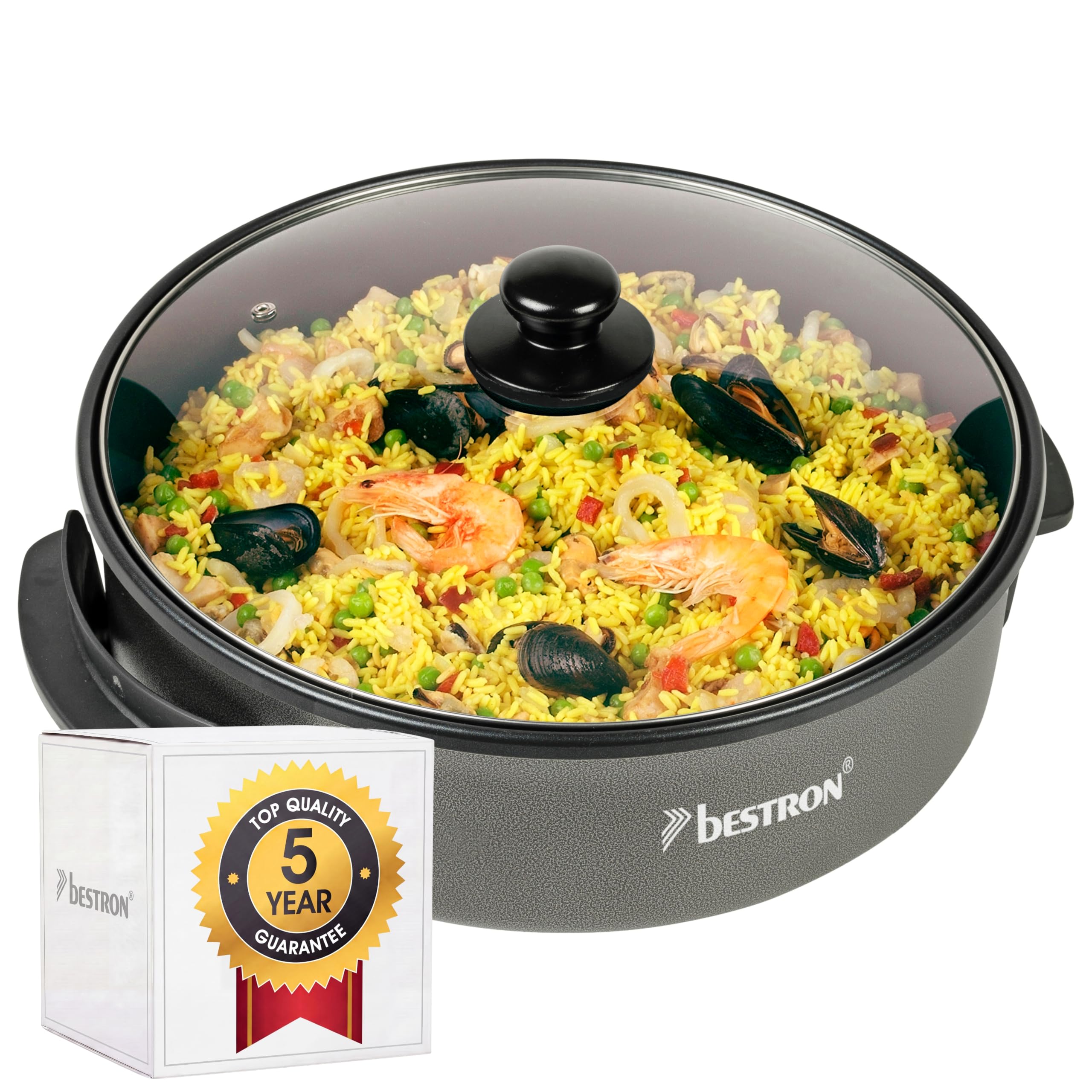 Bestron XL Paellera electrica, Sartena eléctrica multifuncional Ø40 cm con tapa de cristal, Olla Electrica recubrimiento antiadherente, 1500 vatios, AHP1800Z, color: negro