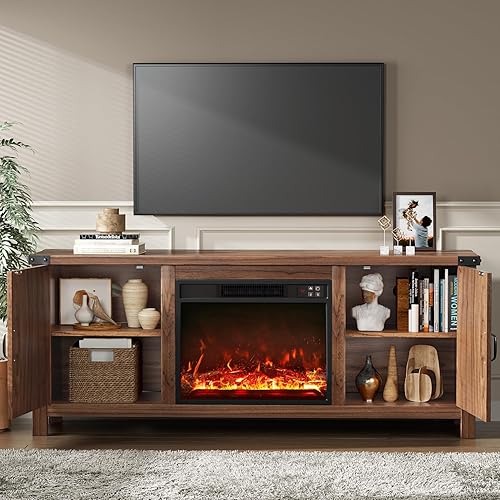 Miniatura 3 de YESHOMY Soporte de TV con chimenea con dos puertas de granero y armarios de almacenamiento para televisores de hasta 65 pulgadas, mesa consola