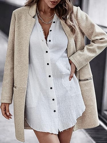 Miniatura 4 de Angashion - Abrigo para mujer de manga larga con cuello de pie, cárdigan con abertura frontal, abrigo de longitud media a larga con bolsillos con