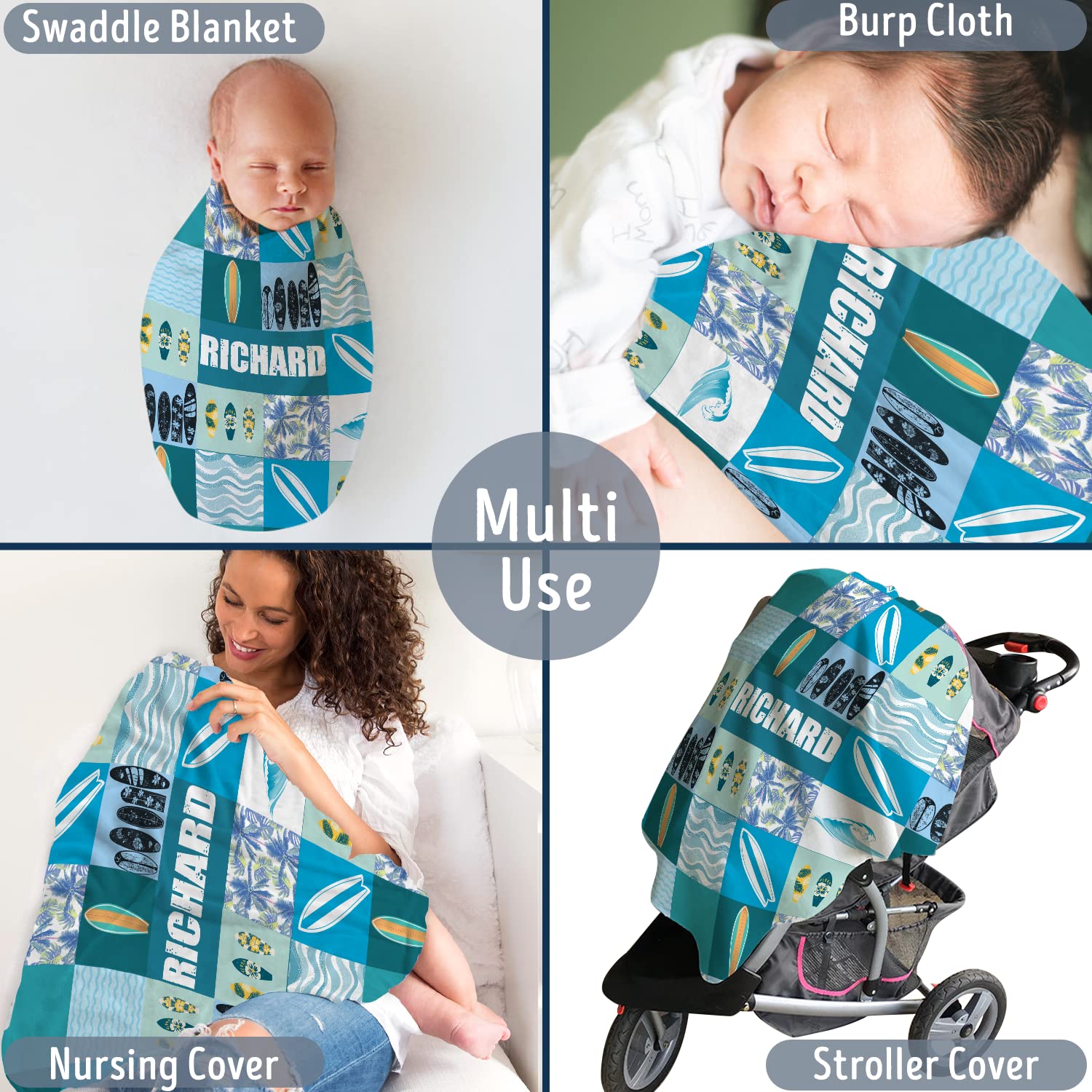 Personalized Surfboard Baby Blanket - Blue Plush, Custom Name for Boys & Girls, Beach Swaddle Blanket for Newborns & Toddlers