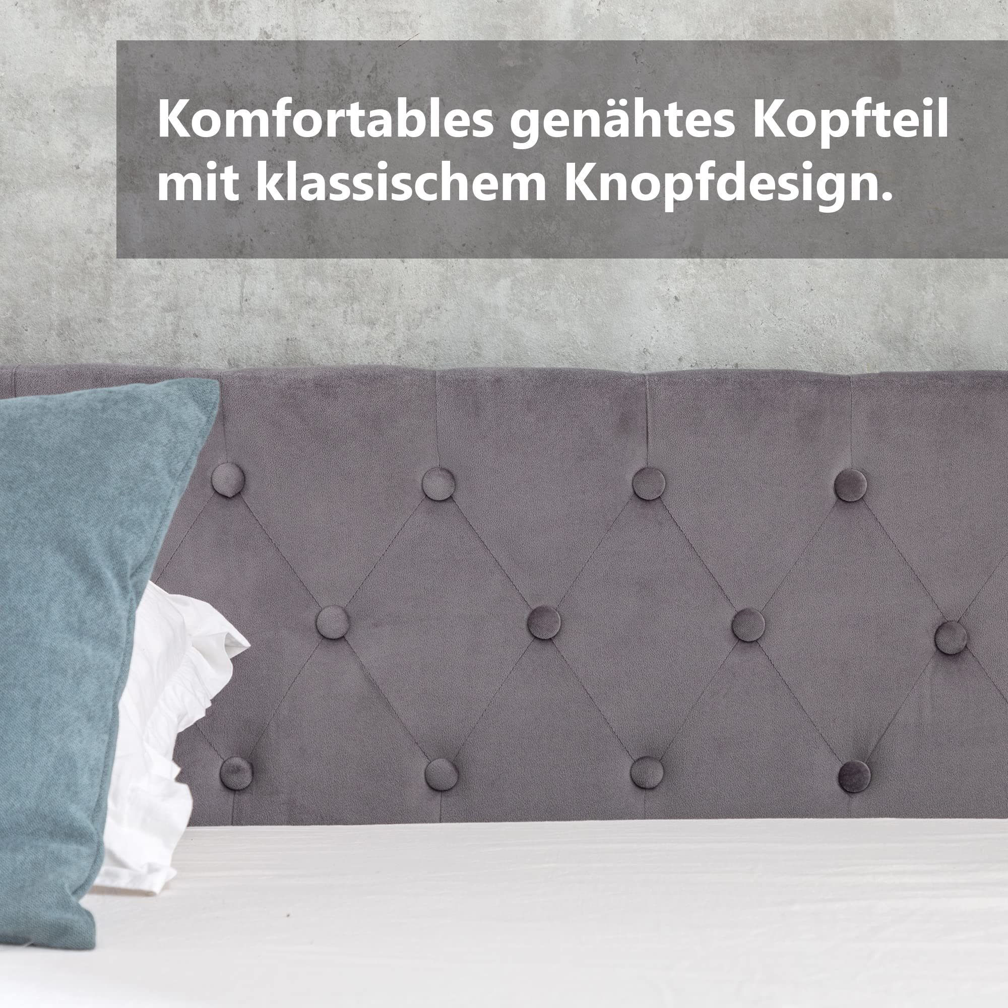 Cama con canapé de tela de terciopelo y somier de láminas, doble almacenamiento, base de madera, 140 x 200 cm (gris)