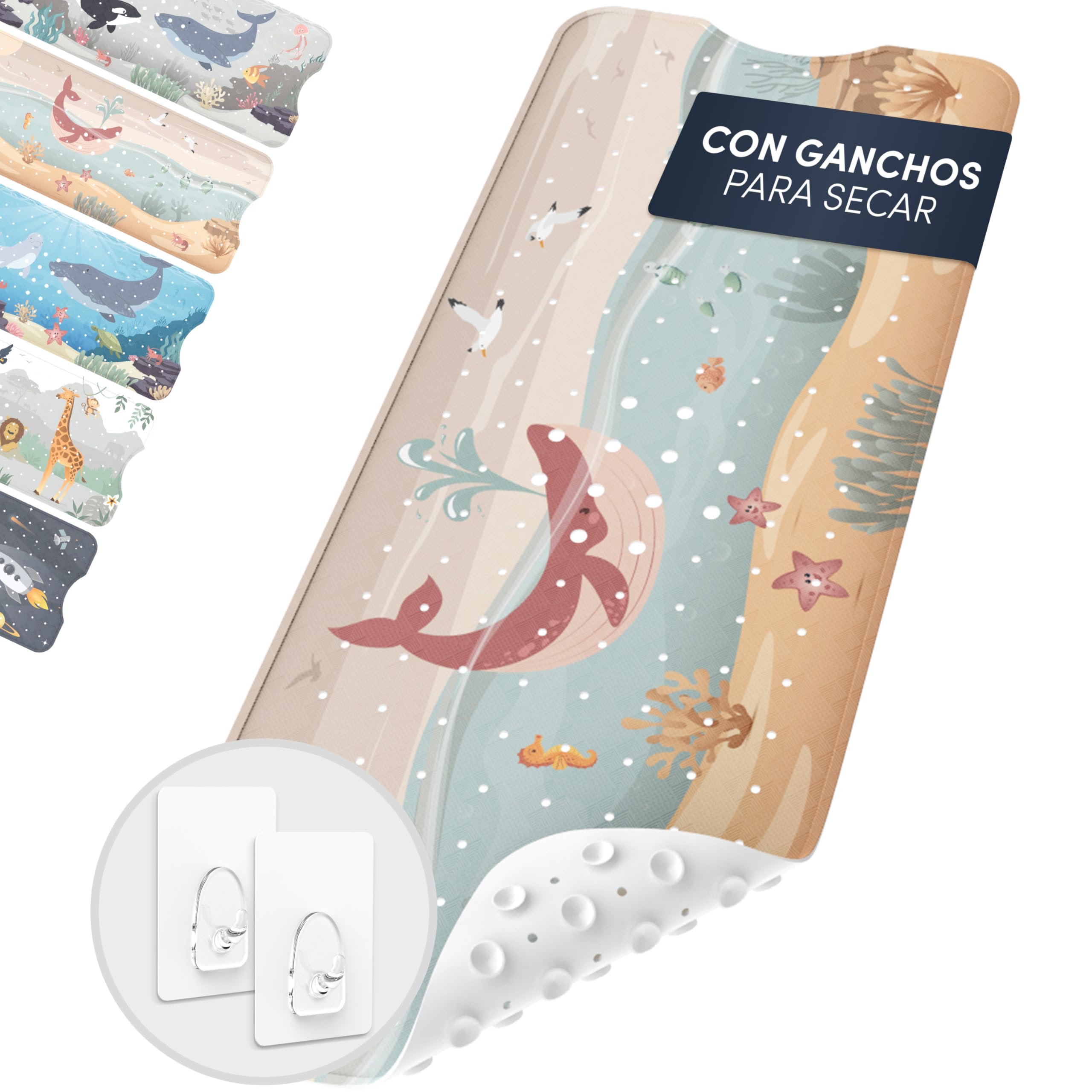 avakido® Alfombra Antideslizante para bañera Infantil - Sin BPA, Resistente al Moho y Lavable a máquina - Alfombrilla antimoho con 2 Ganchos incluidos - Segura para bebés y niños