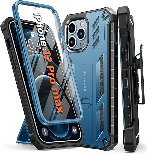FNTCASE Funda para iPhone 12 Pro Max con funda de clip para cinturón y protector de pantalla integrado y soporte, cuerpo completo de doble capa,