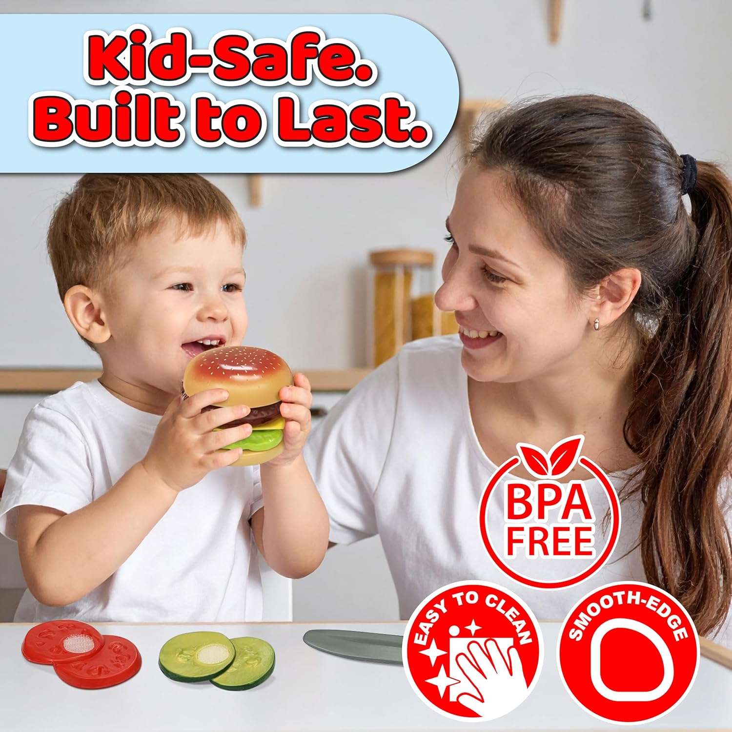 Small World Toys Build-A-Burger Play Food Set – Pretend Play Food Set for Kids – Toy Kitchen Accessories Pretend Food Burger Toy Hamburger – Birthday Gift for Kids 3+