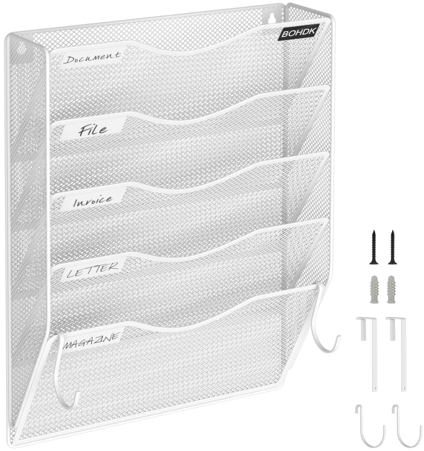 BOHDK Wall File Organizer, 5 Tire Hanging File Folder Organizer, Vertical Mesh Metal Door/Wall Mount Hanging File Holder, Paper Document Magazine Rack