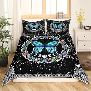 Erosebridal Butterfly Bedding Set Twin Size Galaxy Quilt Cover Starry Sky Duvet Cover Boho Colorful Wild Animals Comforter Cover for Moth Trippy Moon Mandala Black White Quilt Cover
