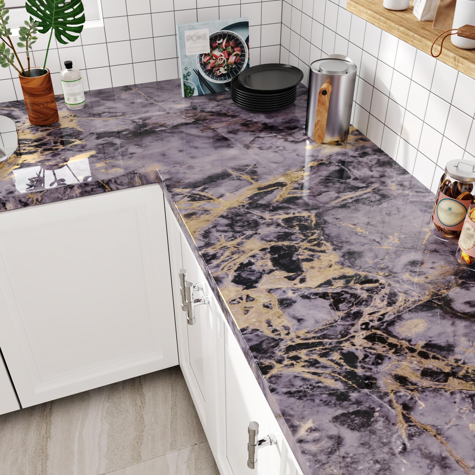 HotDecor Purple Marble Effect Self Adhesive Vinyl Wallpaper Glossy Marble Vinyl Wrap for Kitchen Cupboards Worktop Sticky Back Wallpaper Kitchen Wallpapers Worktop Wrap Sticky Back Plastic 40 X 200CM