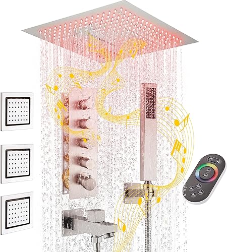 MONDAWE Sistema de ducha termostático con 6 chorros corporales, cabezal de ducha de lluvia montado en el techo de 12 pulgadas con combo de mano,