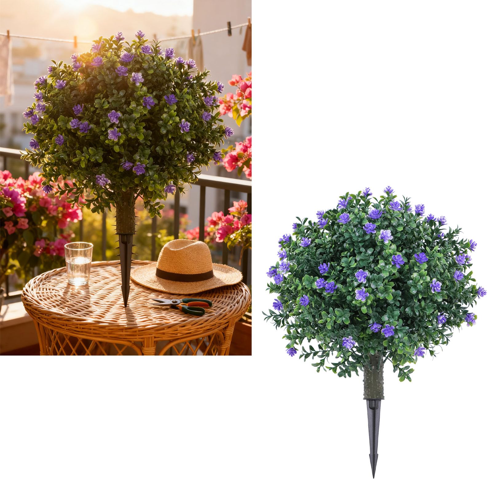 Tnfeeon Albero a Sfera Artificiale per Topiaria, Piante Finte in PE in Pollici PE con Fiori Blu e Picchetto, Arbusto Verde Finto Resistente Ai Raggi per Portico, Giardino e Decorazioni per Esterni