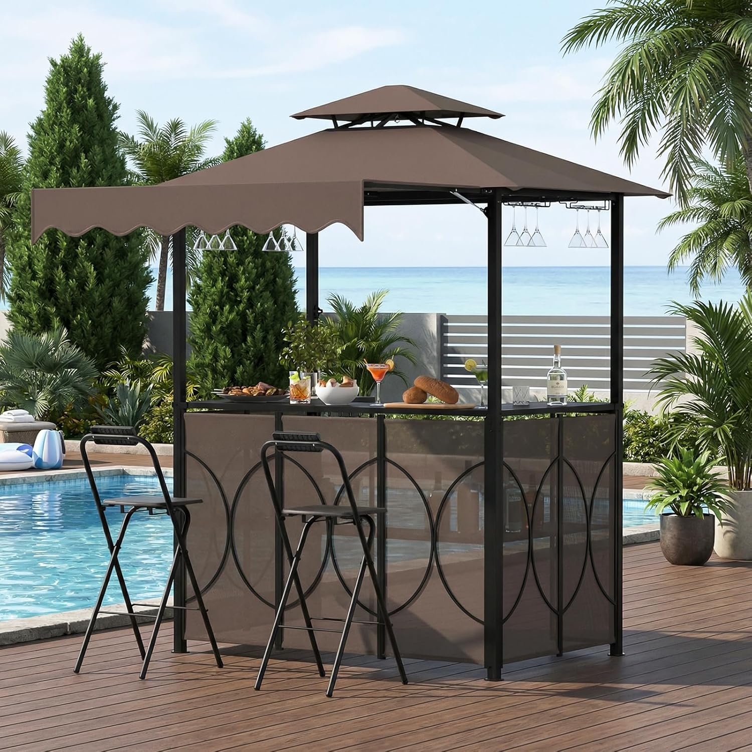 3-Piece Patio Bar Set, Double Tiered Grill Gazebo with Bar Table and 2 Foldable Stools, Outdoor Bar Gazebo with Storage Shelves,Glass Holders for Patio, Poolside, Garden