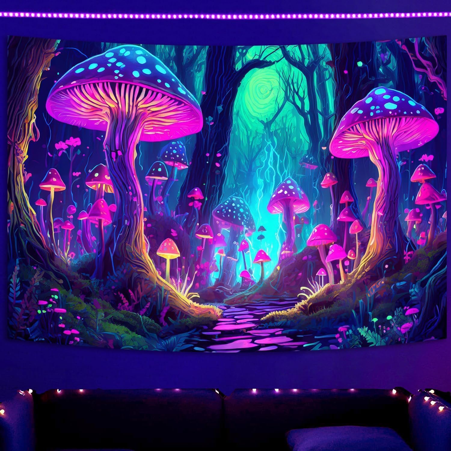 SparkLia Fantasy Mushroom Tapestry Blacklight Neon Glow Forest Tapestry Wall Hanging Magical Landscape Wall Art for Bedroom - 90 x 70 inches