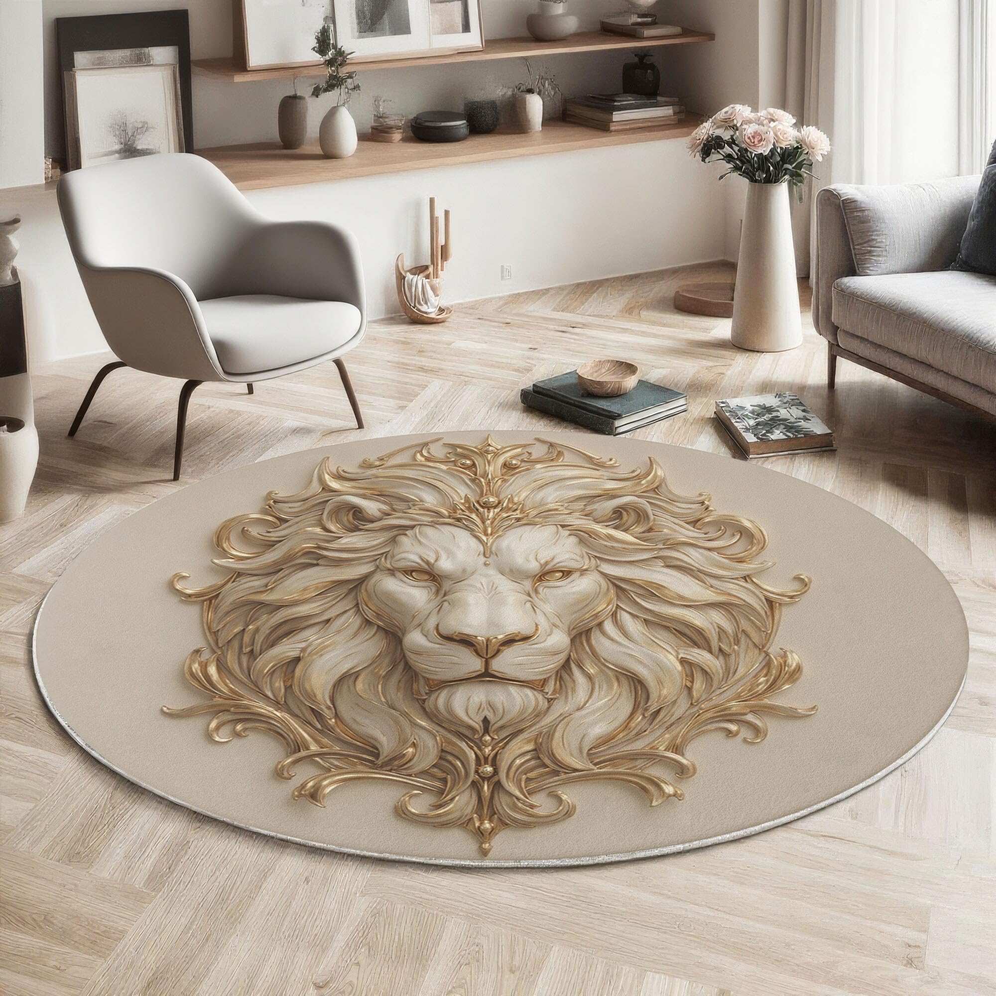 Tapis or blanc relief 3D prestige lion 120cm pour salle à manger chic