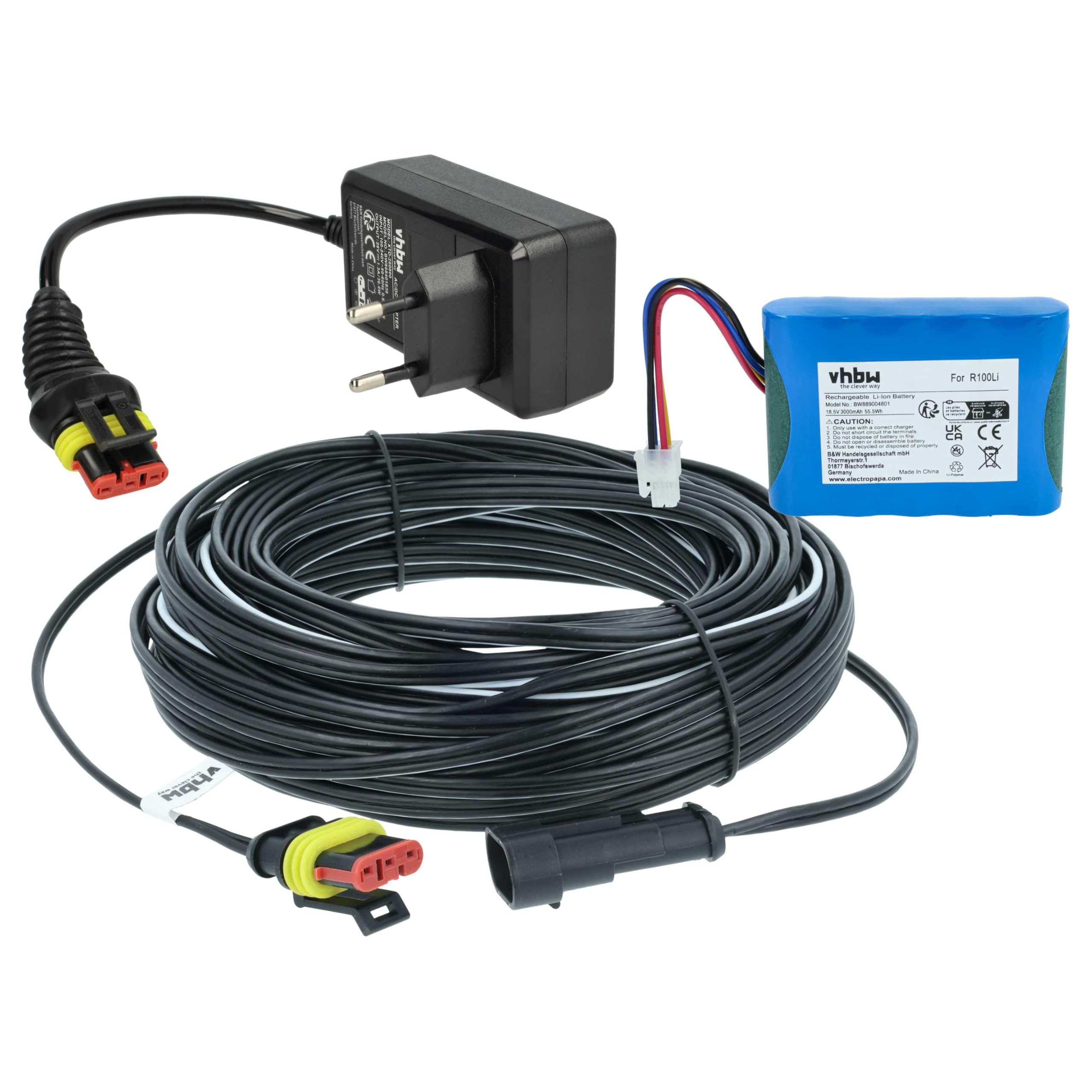 vhbw 1 x zasilacz sieciowy, 1 x akumulator 3000 mAh, 1 x 20 m kabel niskiego napięcia kompatybilny z Gardena Smart SILENO City, Sileno+ zestaw kosiarek