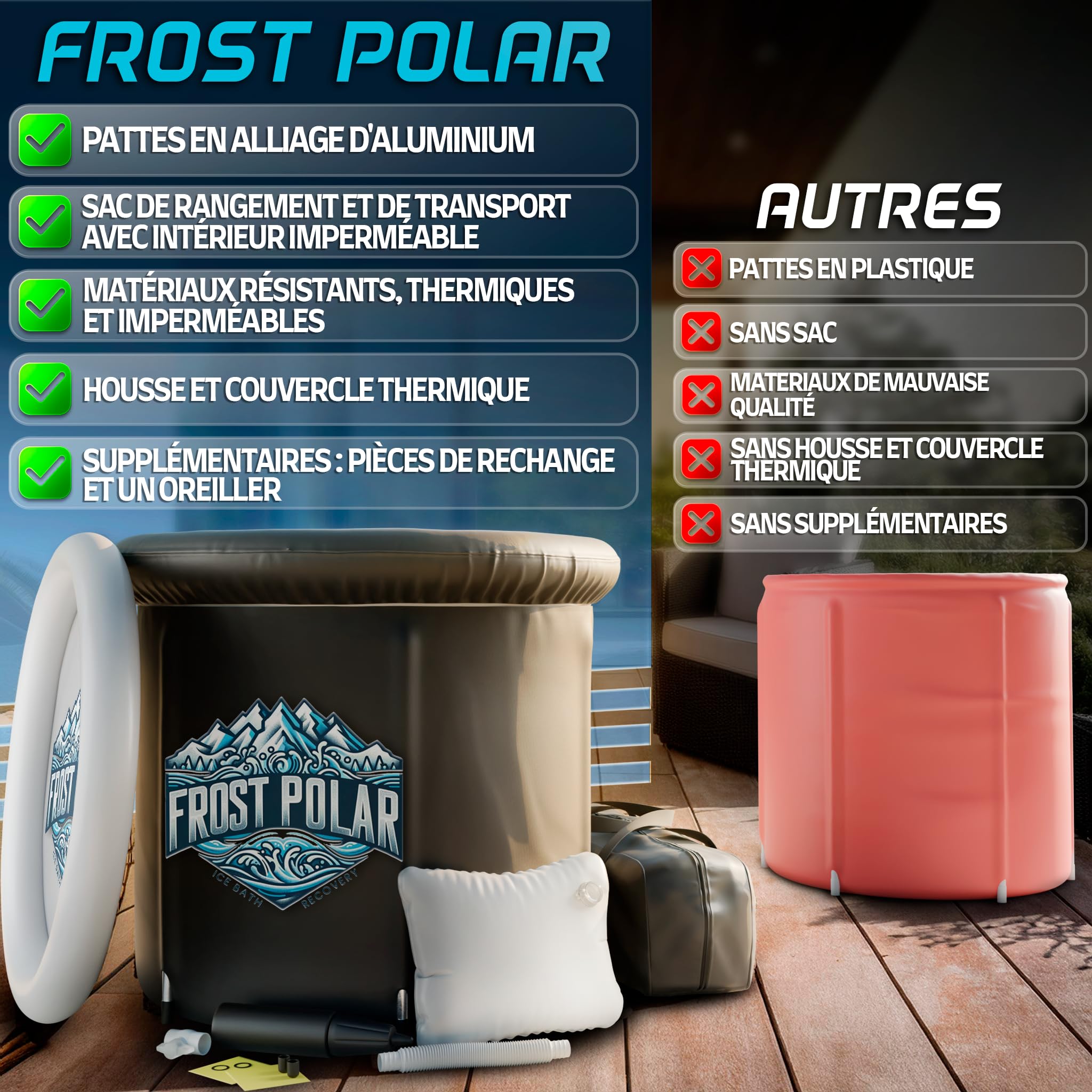 FROST POLAR - Bain Froid 350 Litres - Ice Bath 80 cm x 85 cm Supports en Alliage D'aluminium - Bain Nordique Inclus, Oreiller, Sac de Rangement Étanche et Pièces de Rechange.