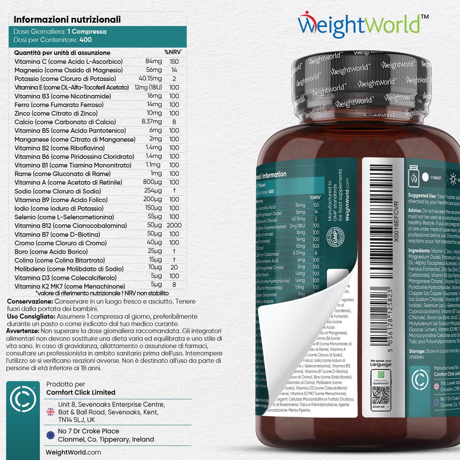 Multivitaminico Completo con 27 Vitamine e Minerali Essenziali, 400 Compresse Vegane alla Menta (1 Anno) Integratore Multivitaminico Uomo & Donna, Vitamine A, B, C, D3, E, Ferro, Zinco, Selenio, Iodio