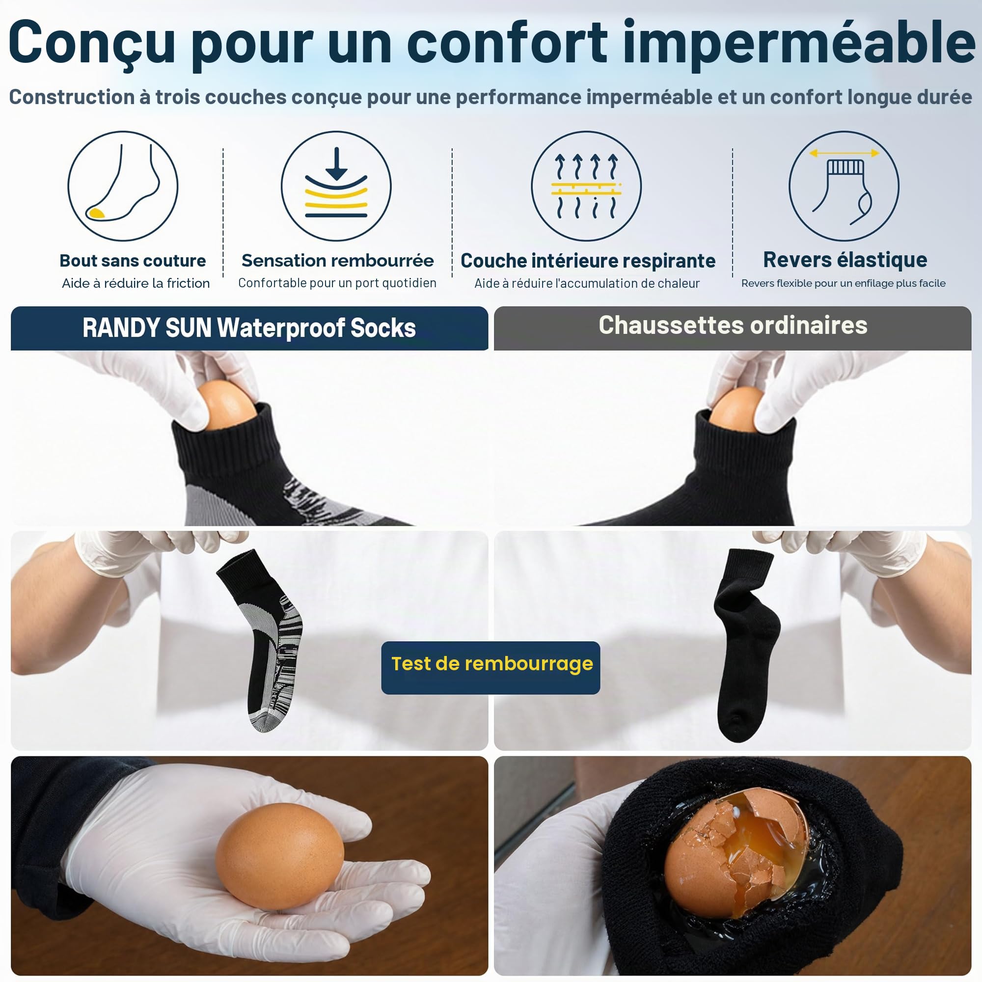 RANDY SUN Chaussettes Imperméables Respirantes, Modèle Original Unisexe pour Ski/Randonnée/Trekking/Pataugeoire/Sentier 1 Paire