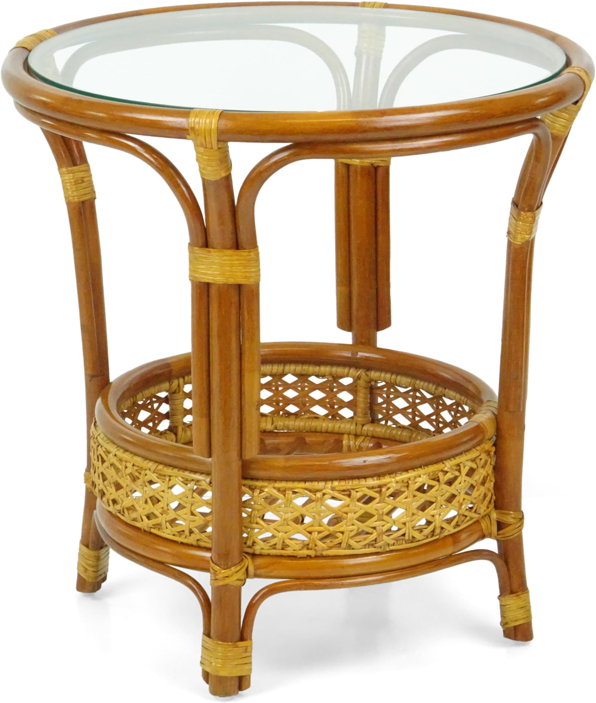 Natural Rattan Wicker Pelangi Coffee Round Table with Glass Top Handmade, Cognac