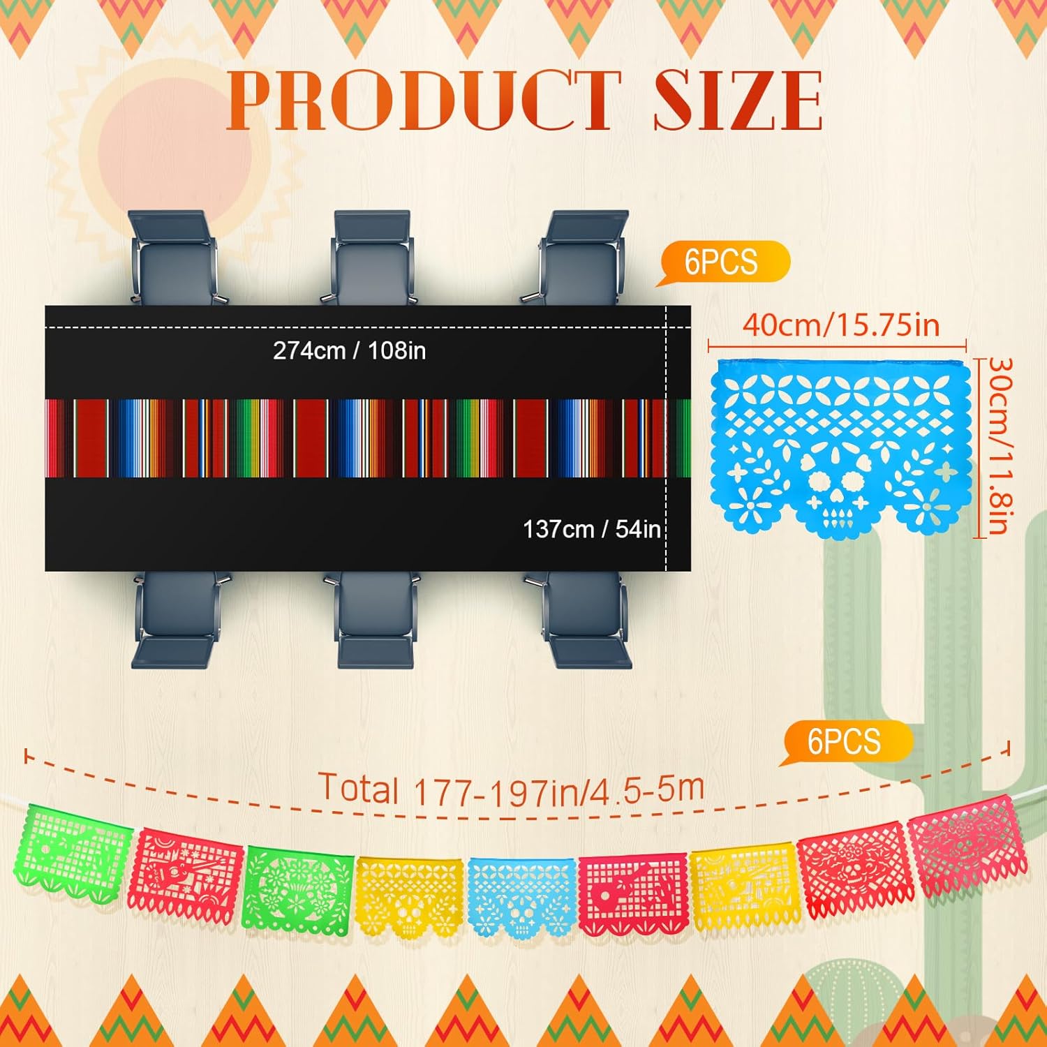 Preboun Mexican Plastic Tablecloth and Mexican Papel Picado Banner Fiesta Party Decorations Supplies Table Cover for Rectangle Tables Cinco De Mayo Carnival(Classic Black, 12 Pcs)