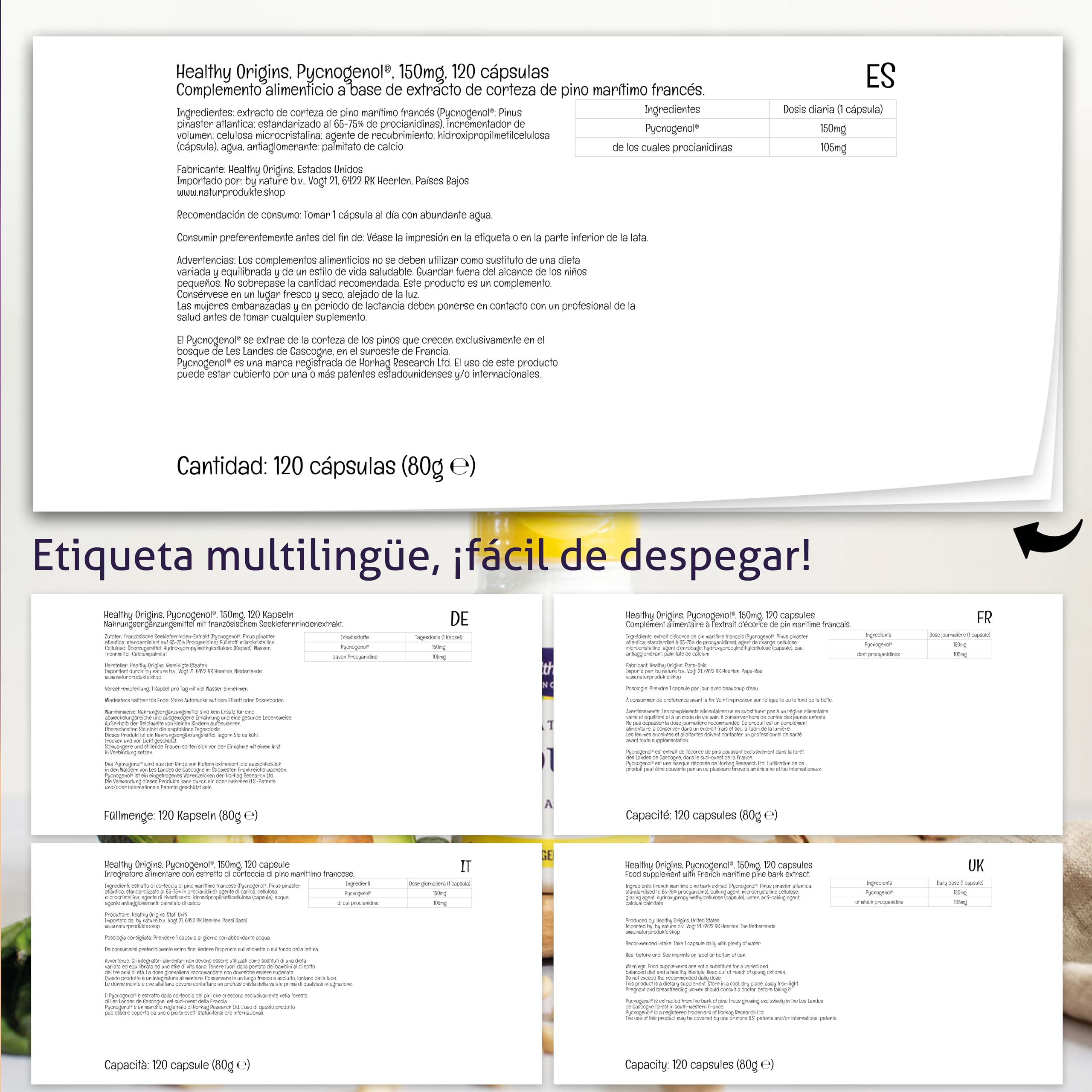 Healthy Origins, Pycnogenol, 150mg, Extracto de Corteza de Pino con Procianidinas, 120 Cápsulas veganas, Testado en Laboratorio, Sin Soja, Sin Gluten, Vegetariano, No GMO
