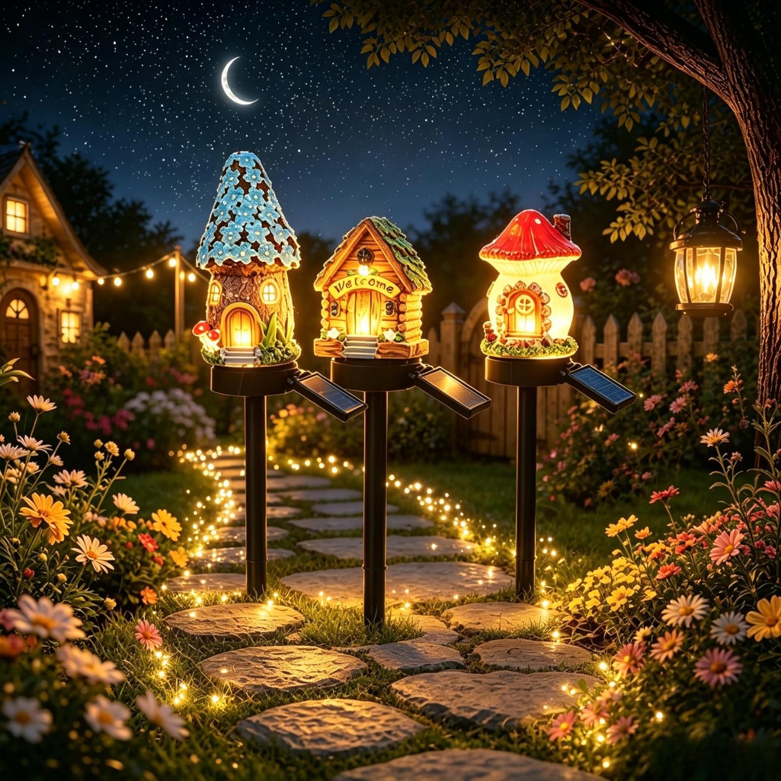 Solar Fairy-Tale Mushroom House Lights Cottage Garden Stake Lights, Resin Mushroom Cottage Figurine, Waterproof LED Mushrooms House Statue Lamp, Outdoor Landscape Pathway Yard Patio Lawn Decor (3PC-A)
