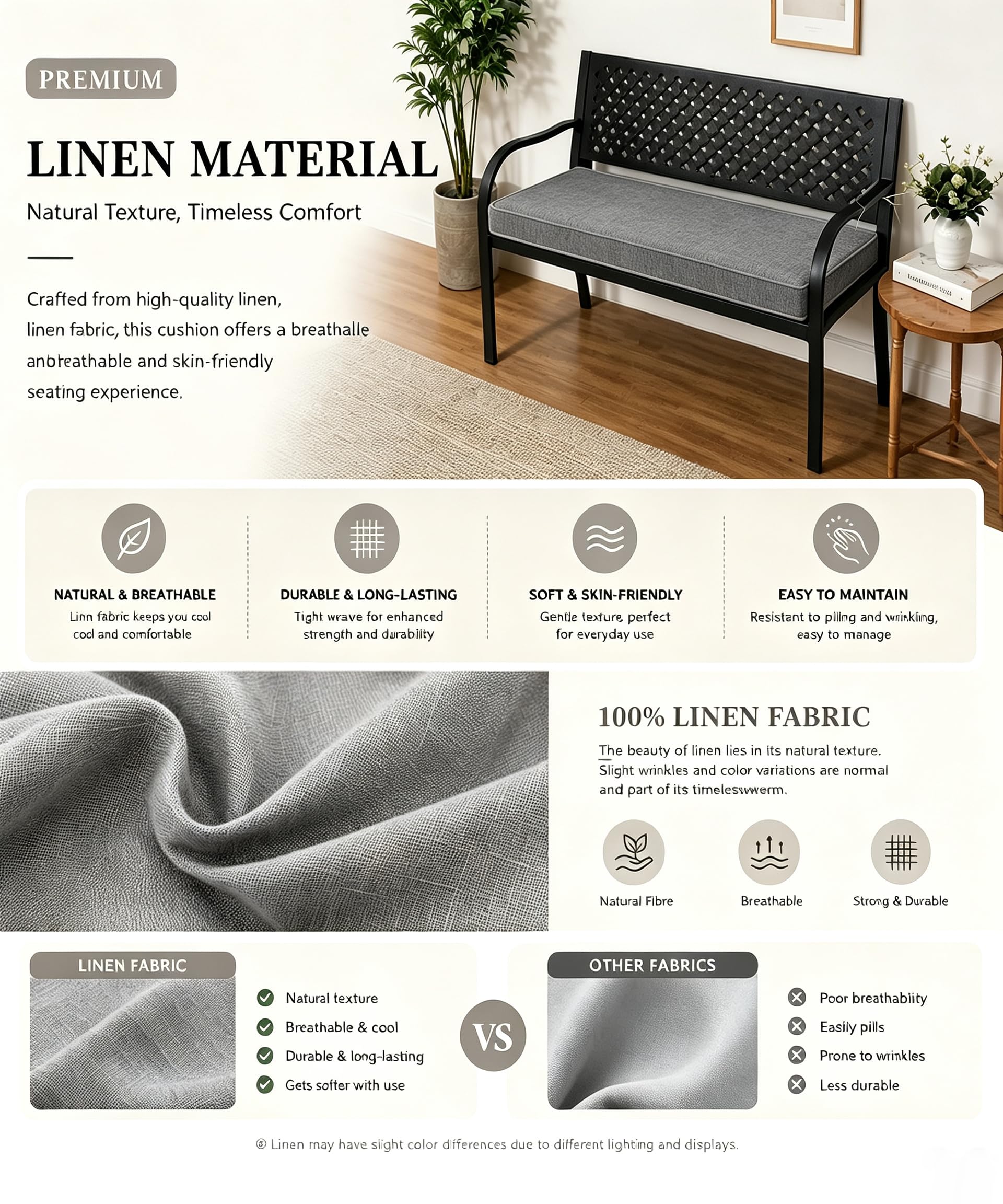 Bankauflage 5cm Leinen, sitzkissen Bank rutschfest Indoor & Outdoor