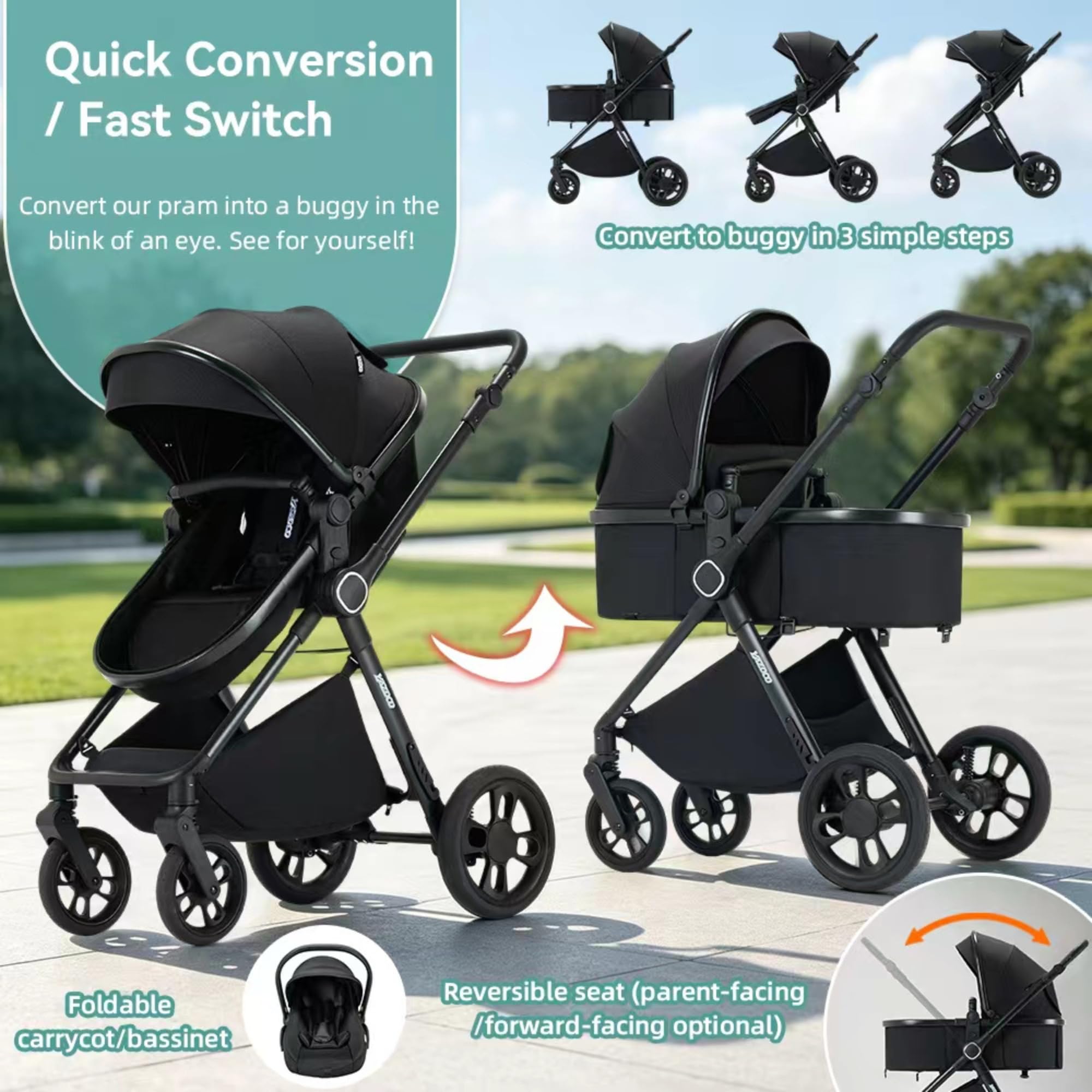 Passeggino trio 3 in 1 con seggiolino auto i-Size Pieghevole, sedile reclinabile, marcia bidirezionale, cinture a 5 punti, portata 0-25 kg, 0-4 anni (Verde)