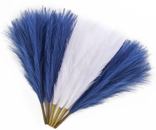 Blue Pampas Grass Decor 17.7 Inch 6 Pcs, for Home Wedding Party, Small Vase | Artificial Pampas Grass in Fluffy Blue and White Short Stems, Faux Durable No Shedding, Vase Filler for Table Centerpieces