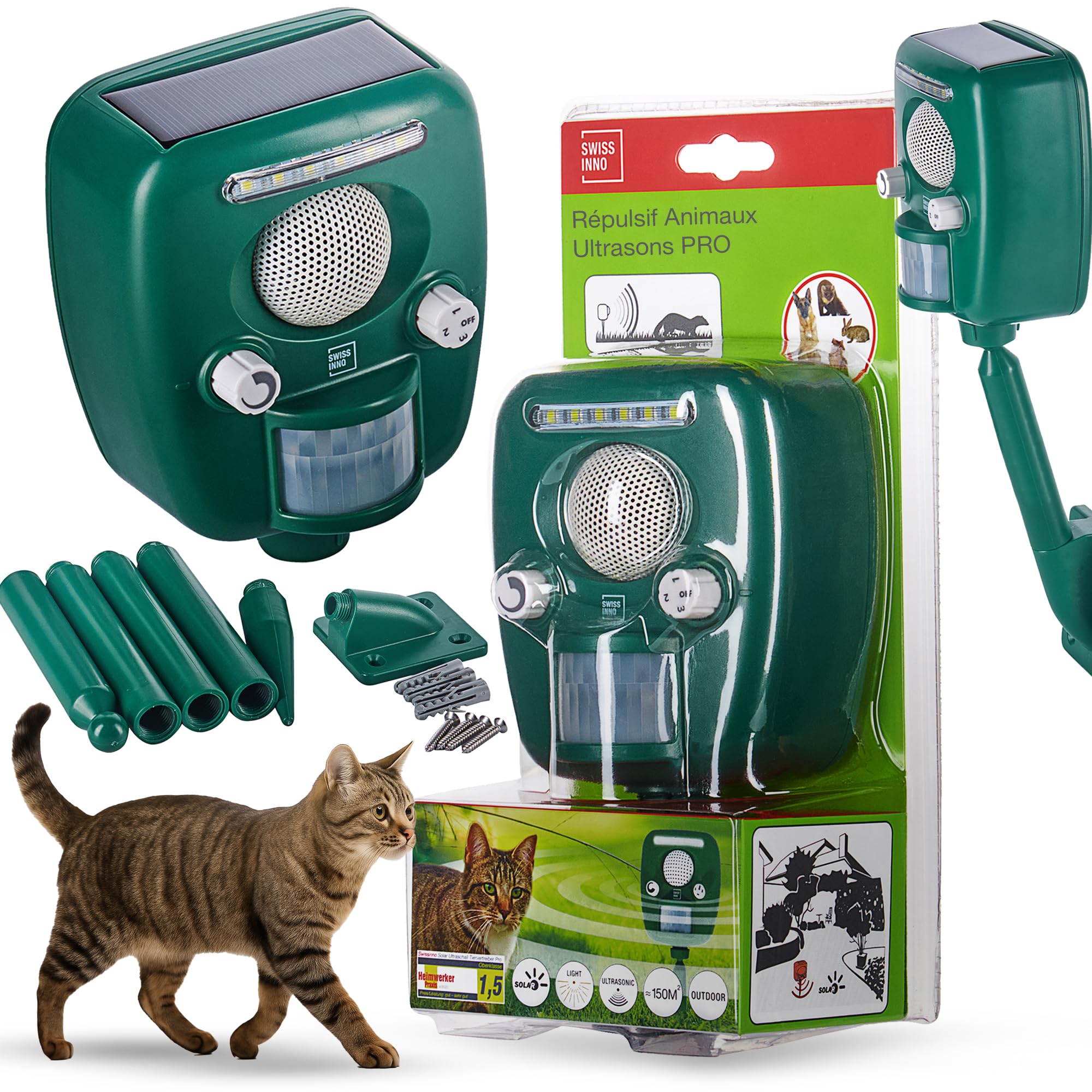 SWISSINNO Répulsif Chat Ultrason Animaux Pro Solaire 150 m² extérieur | Panneau Solaire, Répulsif Ultrasons Animaux, Chiens martres renards, flash LED, sirène, jour et nuit, electrique